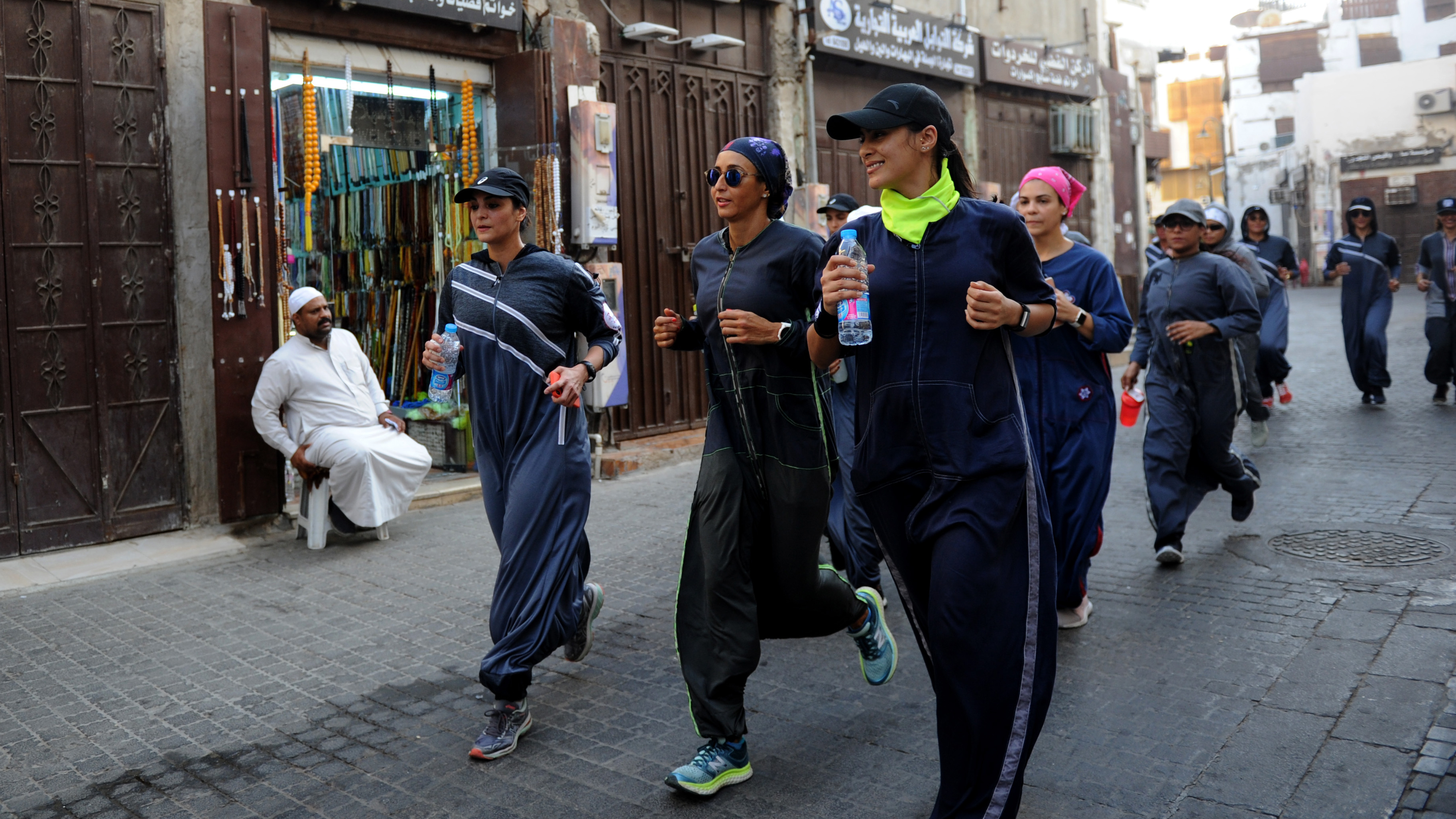 Saudi women jog in the streets of Jeddah in March. The government is encouraging greater participation by women in sports.