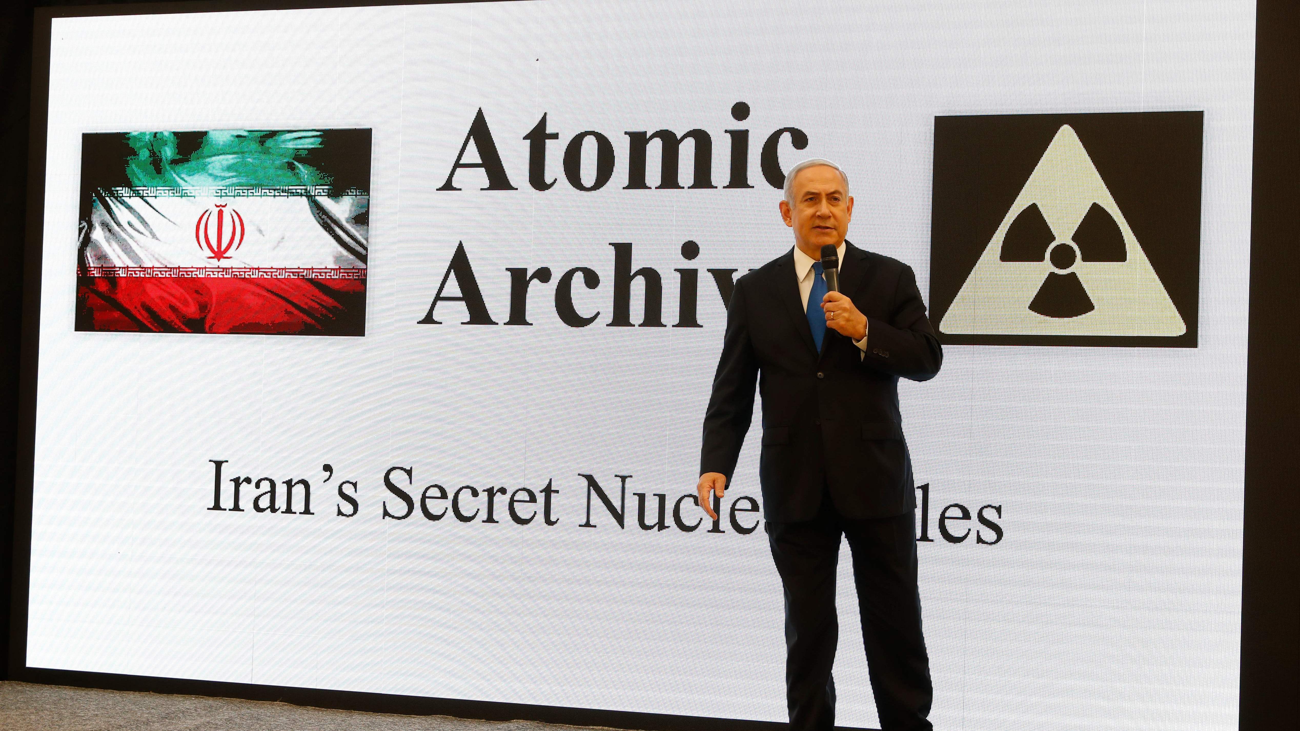 Israeli Prime Minister Benjamin Netanyahu delivers a speech Monday in Tel Aviv on Iran's former nuclear weapons program. (AFP/Getty Images)