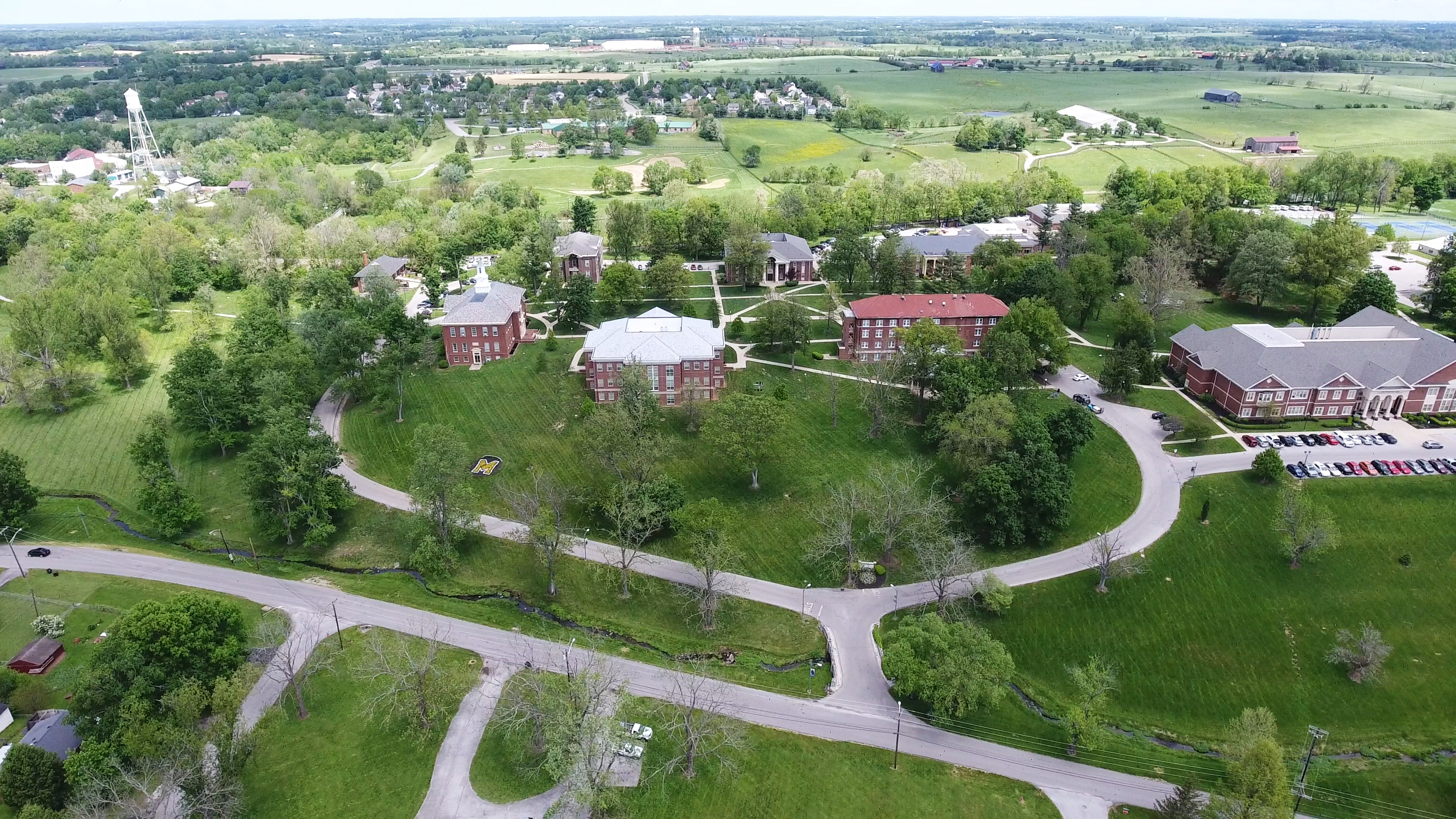 An aerial view of the pastures and barns on campus at Midway University, located in Kentucky's world-famous horse country.