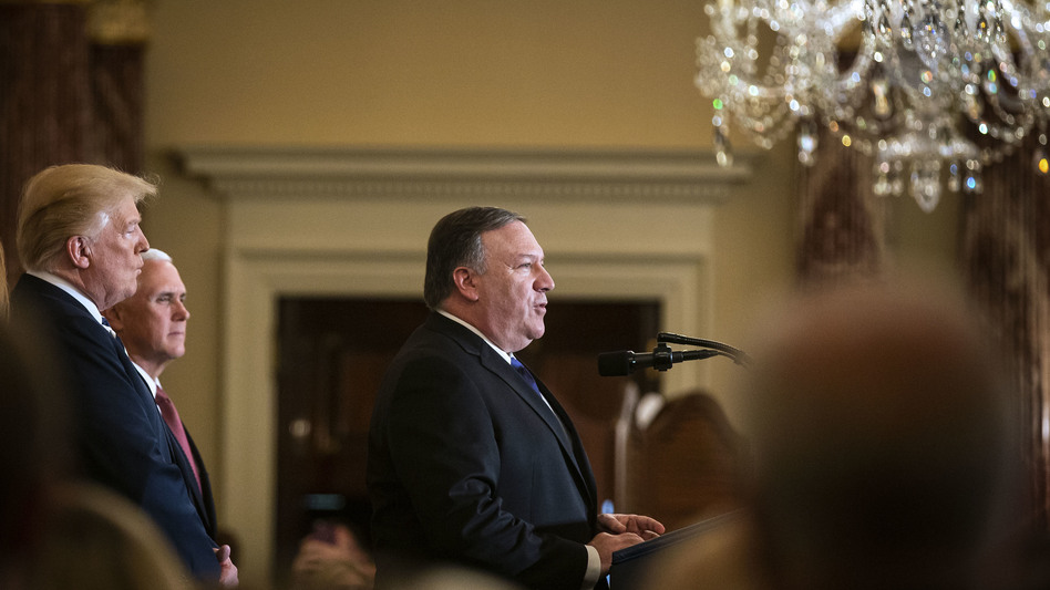 Secretary of State Mike Pompeo speaks during his swearing-in ceremony earlier this month, as President Trump and Vice President Mike Pence look on. (Bloomberg/Bloomberg via Getty Images)