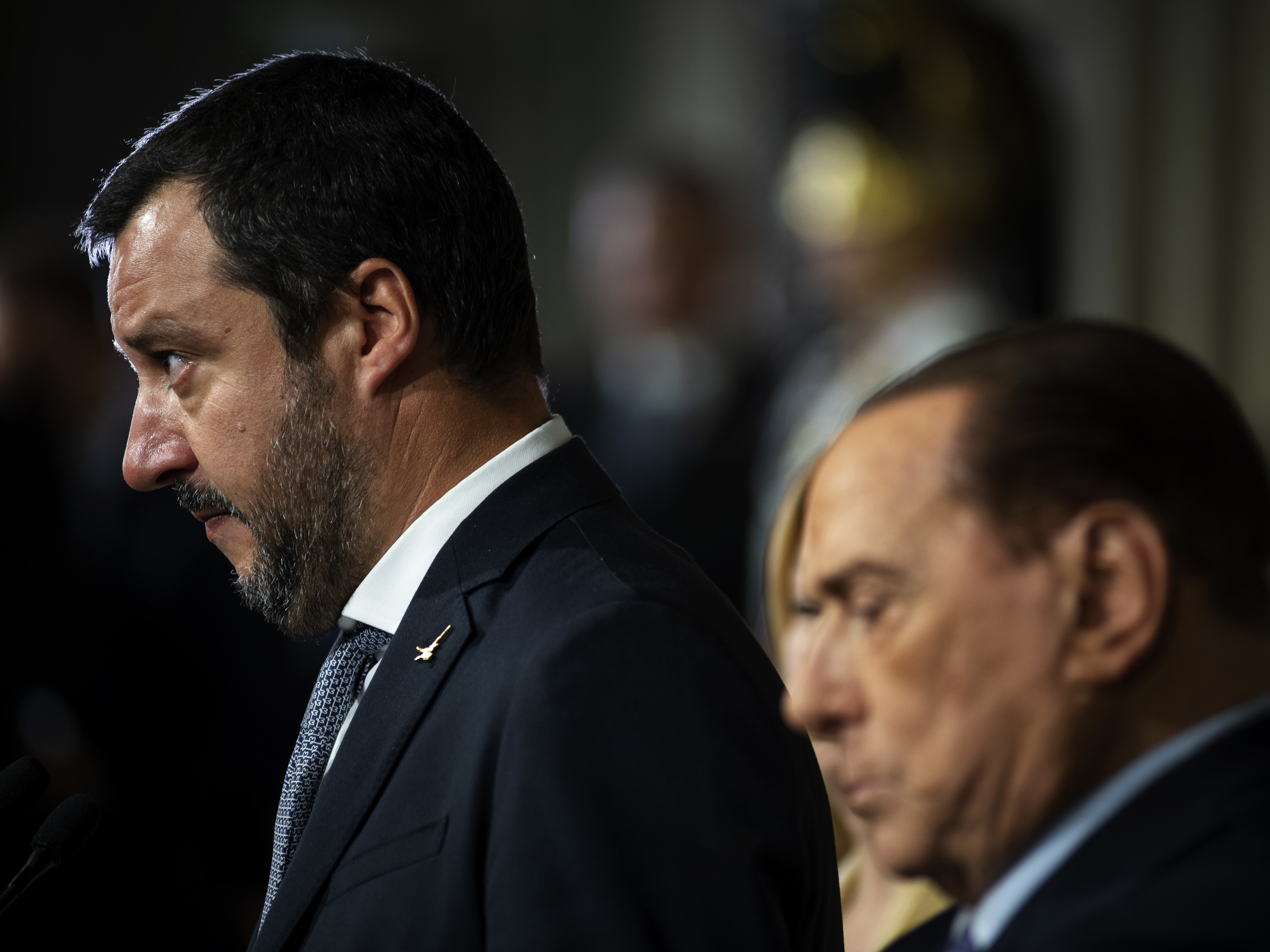 Matteo Salvini, left, leader of Lega political party and Silvio Berlusconi, Leader of Forza Italia, speak to the media after meetings with Italian President Sergio Mattarella on Monday in Rome, Italy. (Getty Images)