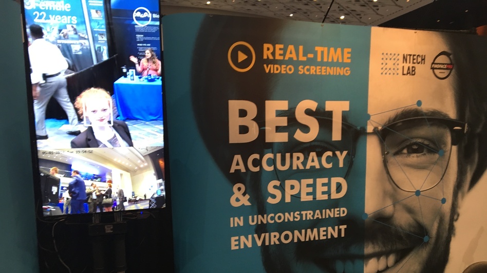 Clare Garvie of Georgetown Law's Center on Privacy & Technology, caught by a real-time facial recognition system at the Connect ID biometrics conference. (Martin Kaste/NPR)