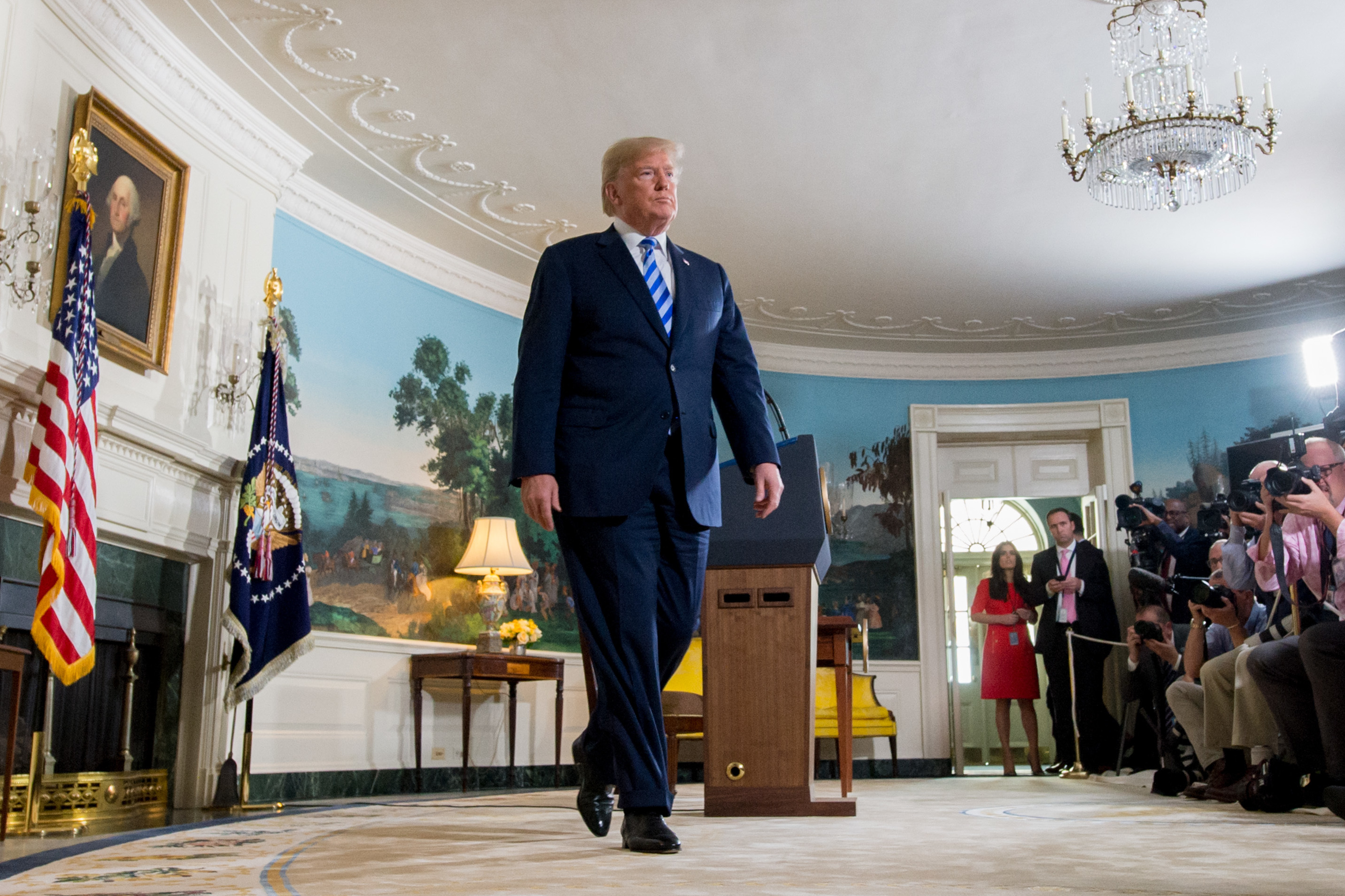 President Trump leaves after a speech from the Diplomatic Reception Room at the White House Tuesday.