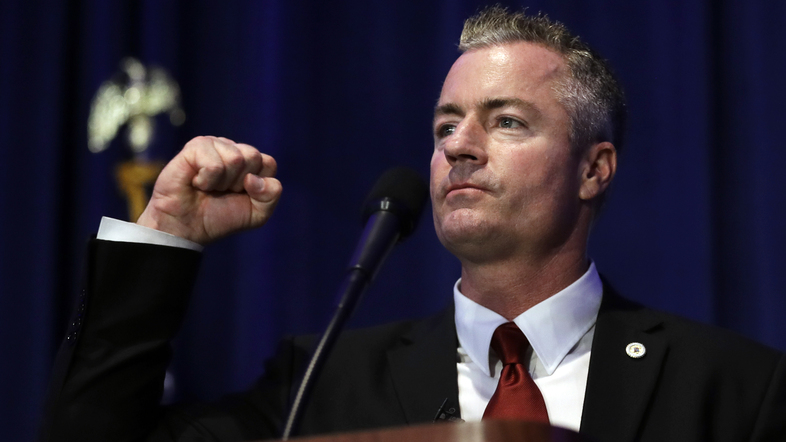 California gubernatorial candidate Travis Allen speaks during the state Republican Party convention in San Diego earlier this month. (Gregory Bull/AP)