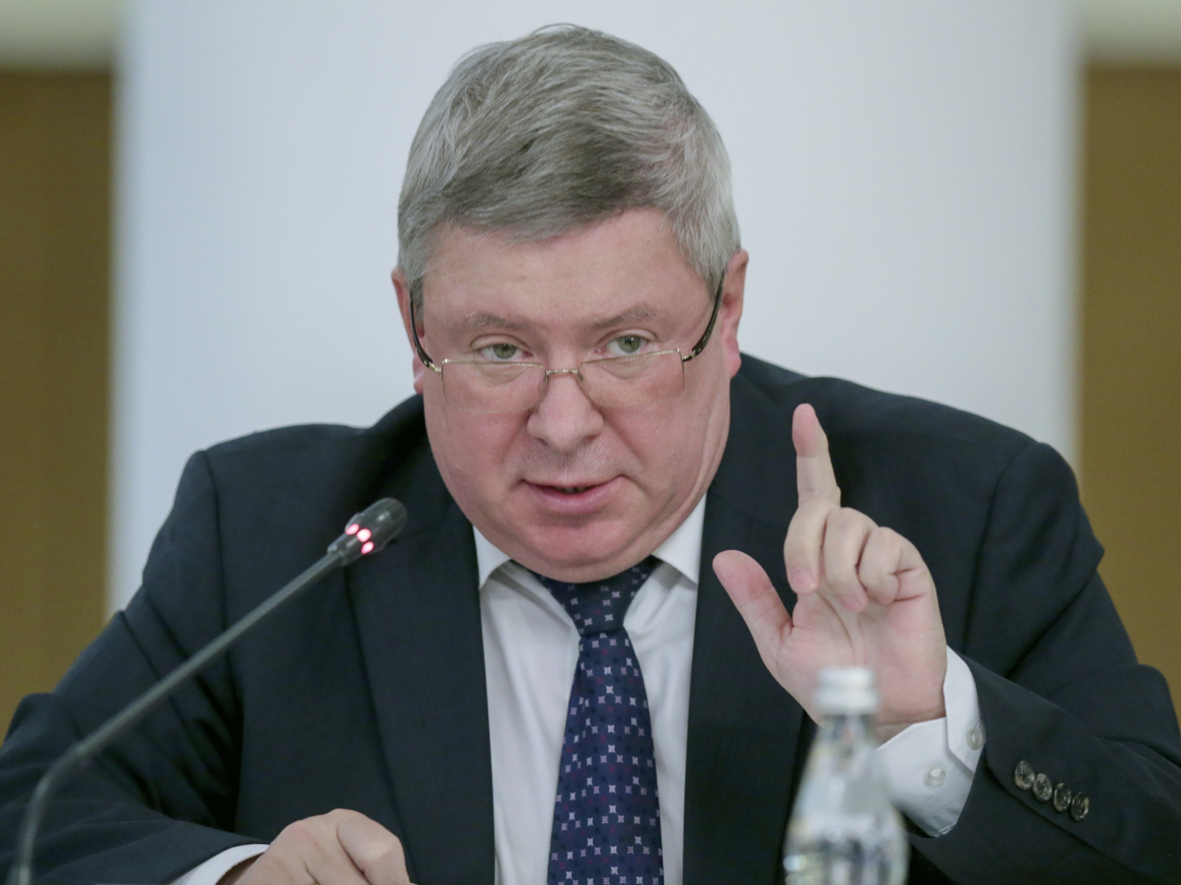 Russian official Alexander Torshin, appearing in Moscow in 2016, was sanctioned by the U.S. government in April, suspending years of travel back to 2009 during which he cultivated ties with American conservatives. (Alexander Shalgin/Tass)