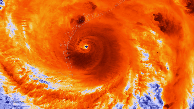 An infrared satellite image shows Hurricane Harvey just prior to making landfall on Aug. 25, 2017. Warm water in the Gulf of Mexico fed heavy rains, according to new research. (Getty Images)