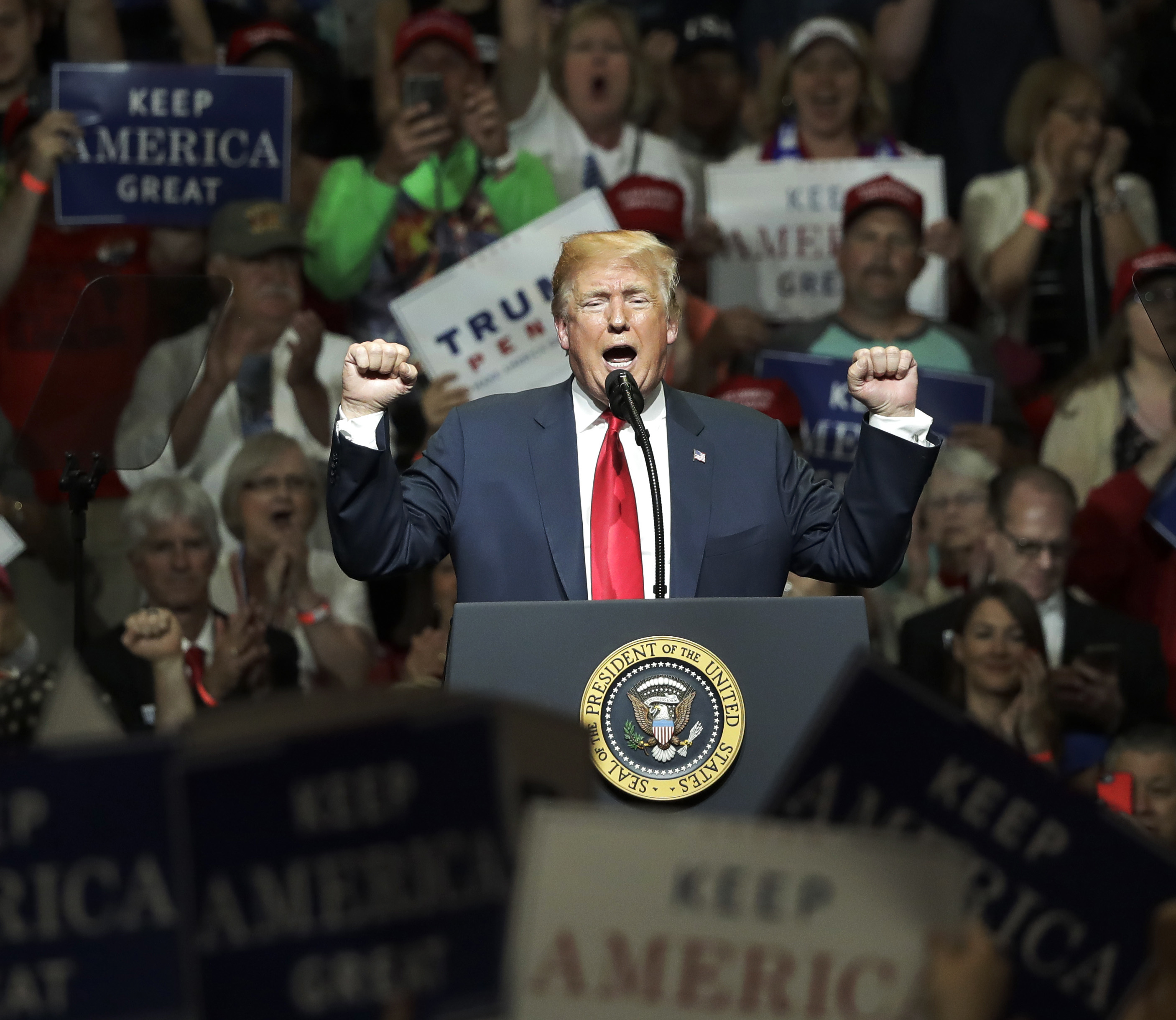 President Trump addresses the crowd during a campaign rally Thursday in Elkhart, Ind.