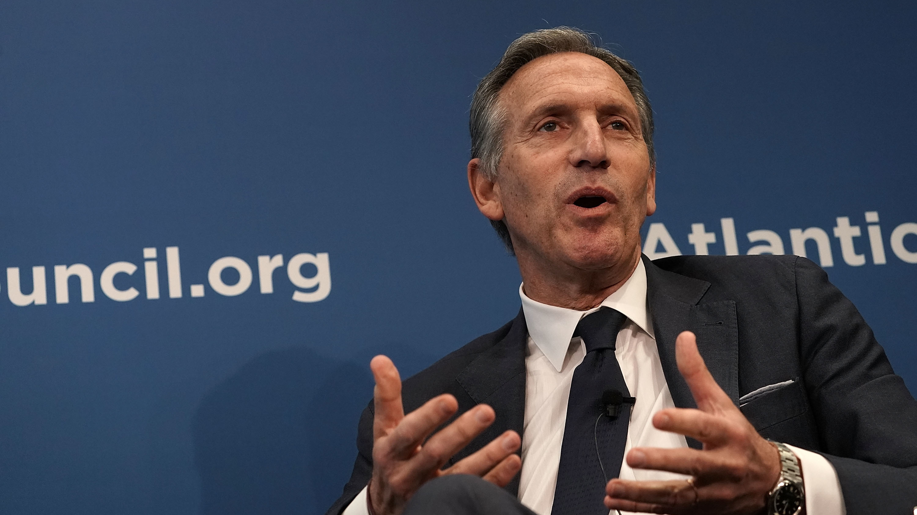 Starbucks Chairman Howard Schultz participates in a discussion at the Atlantic Council in Washington, D.C., on Thursday. He said the arrest of two black men was the company's responsibility.