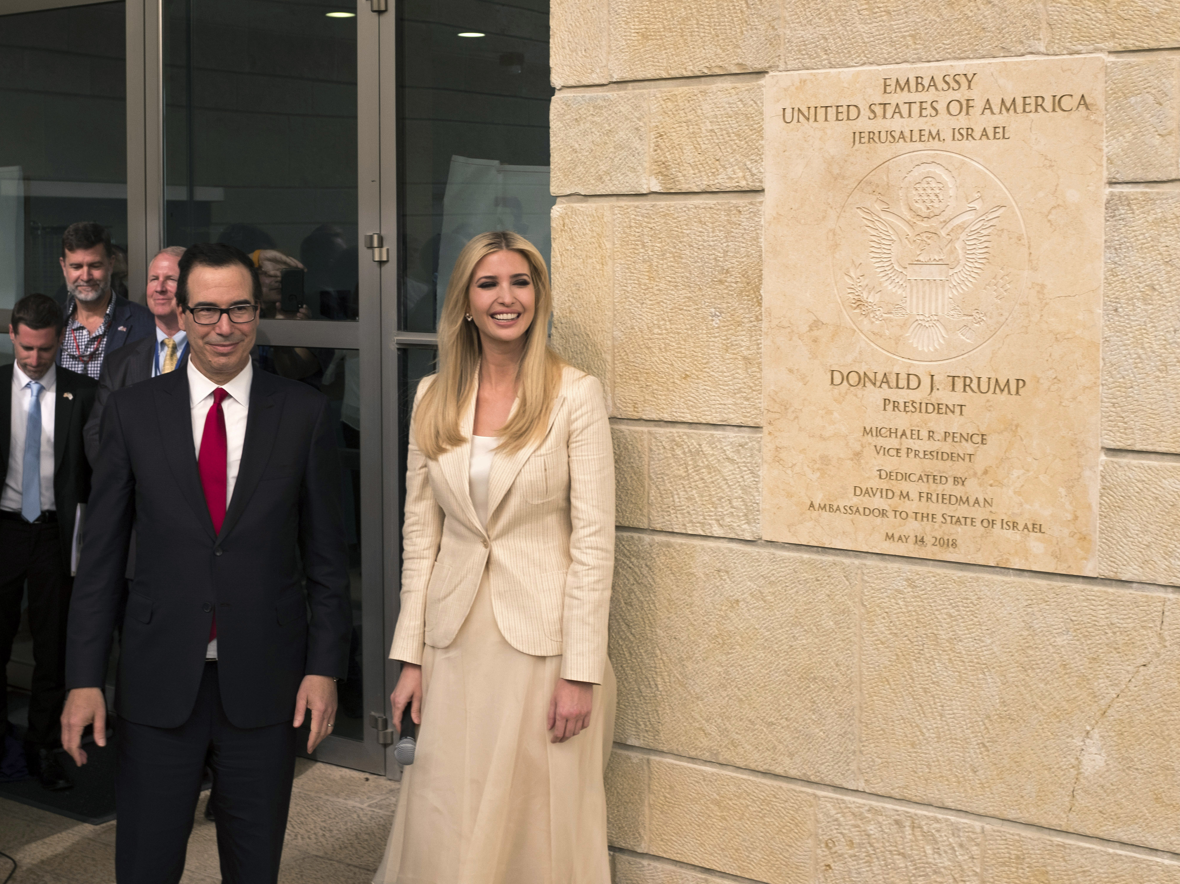 White House senior adviser Ivanka Trump and U.S. Treasury Secretary Steven Mnuchin unveil the entrance to the U.S. Embassy in Jerusalem. (Getty Images)