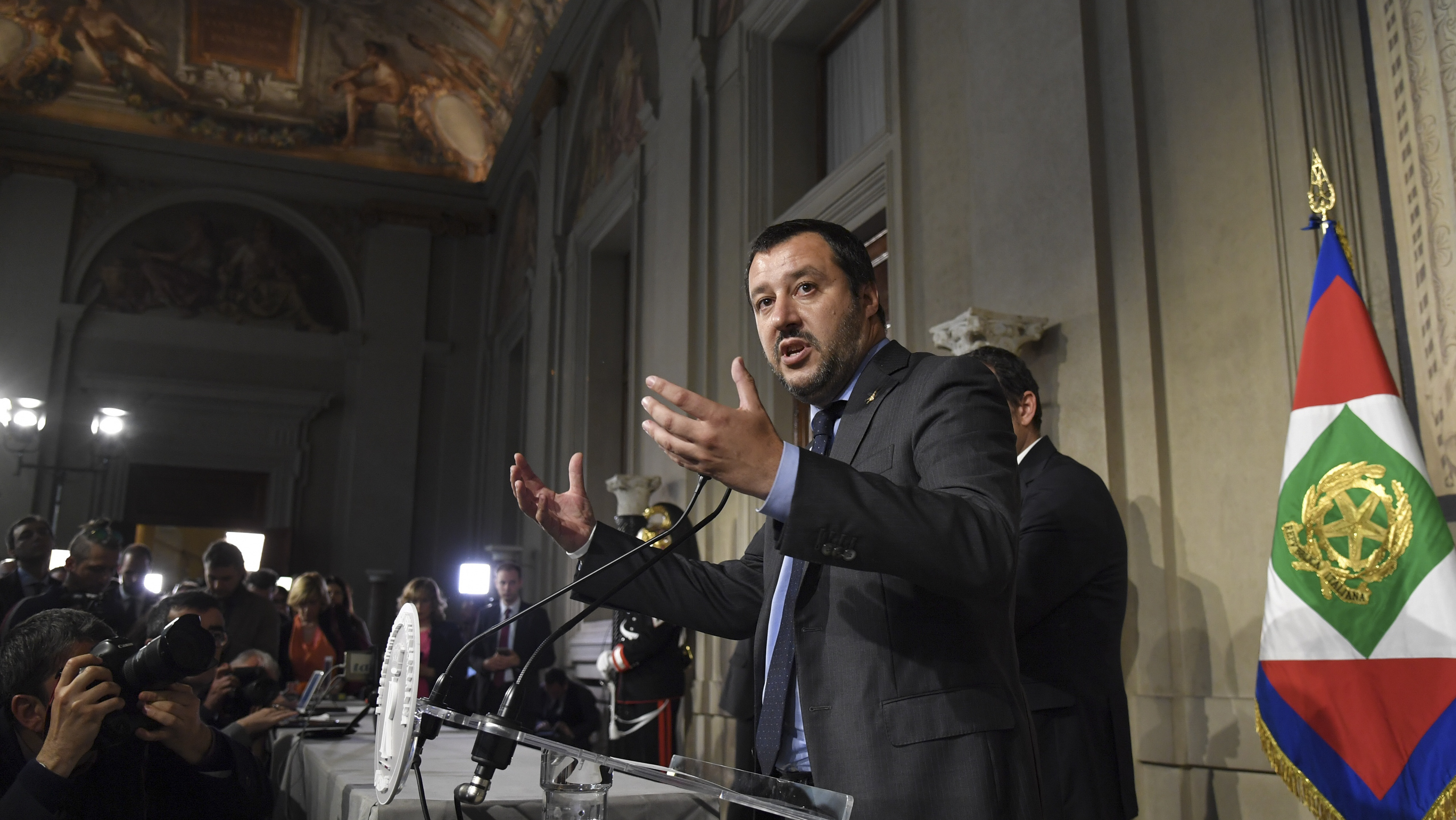 Matteo Salvini, leader of the far-right League party, speaks to the media Monday after meeting with Italian President Sergio Mattarella in Rome for coalition talks. (AFP/Getty Images)