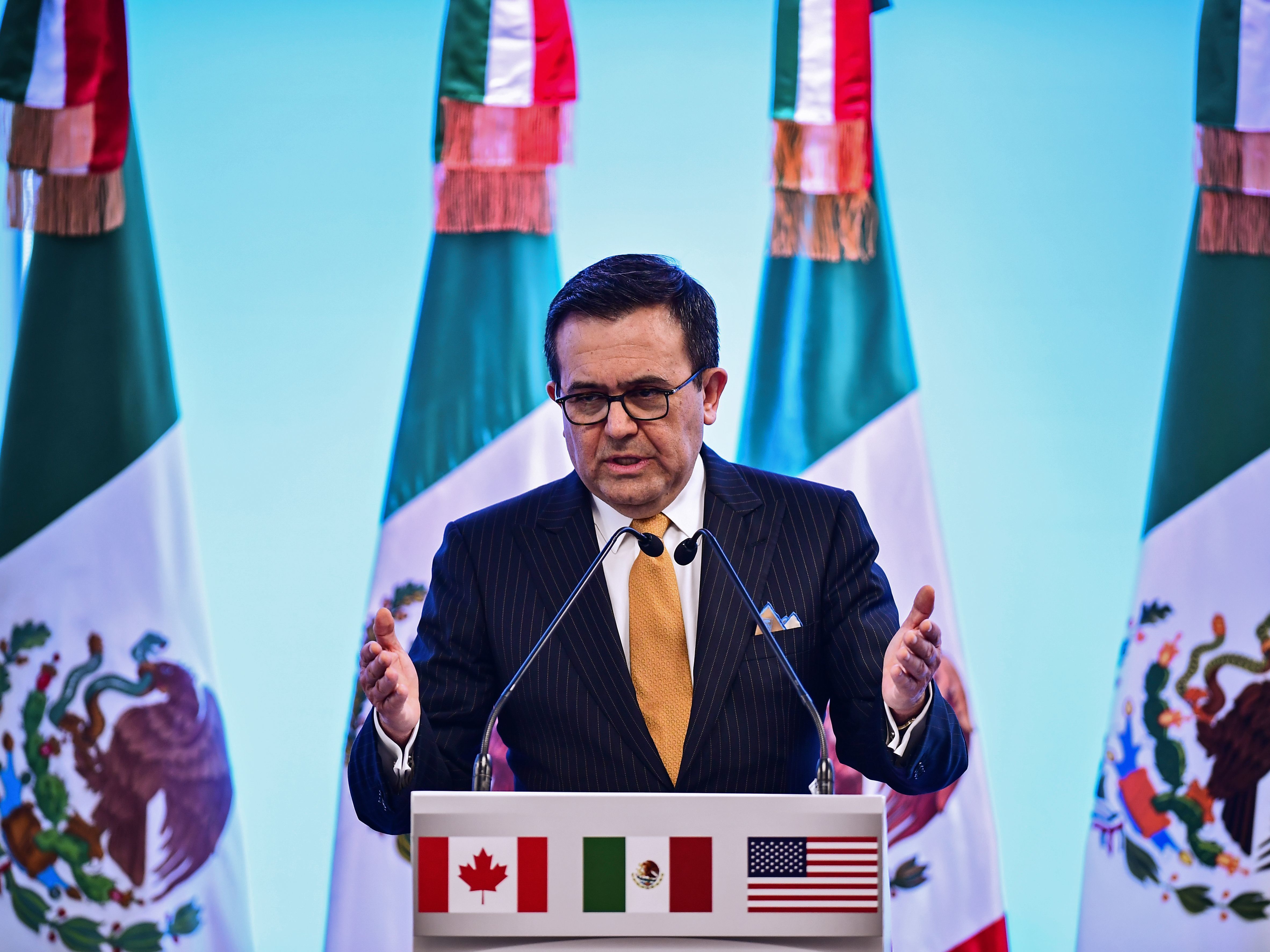 Mexican Economy Minister Ildefonso Guajardo speaks to reporters during the seventh round of NAFTA talks in Mexico City, on March 5. U.S. House Speaker Paul Ryan has said a deal needs to be completed this week, but fundamental differences remain among the U.S., Canada and Mexico. (AFP/Getty Images)