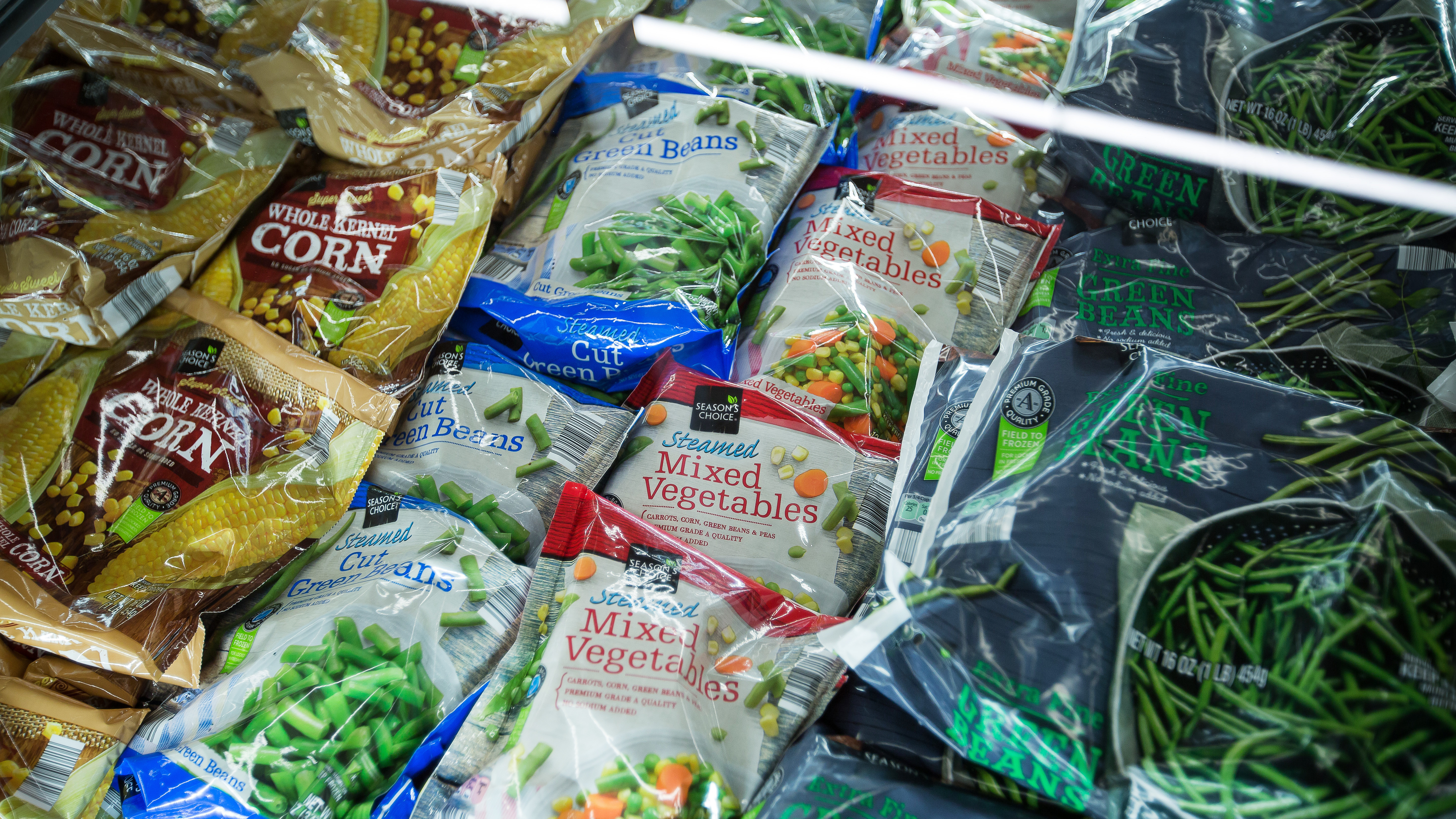 Frozen vegetables are displayed for sale at an Aldi supermarket in Hackensack, N.J.