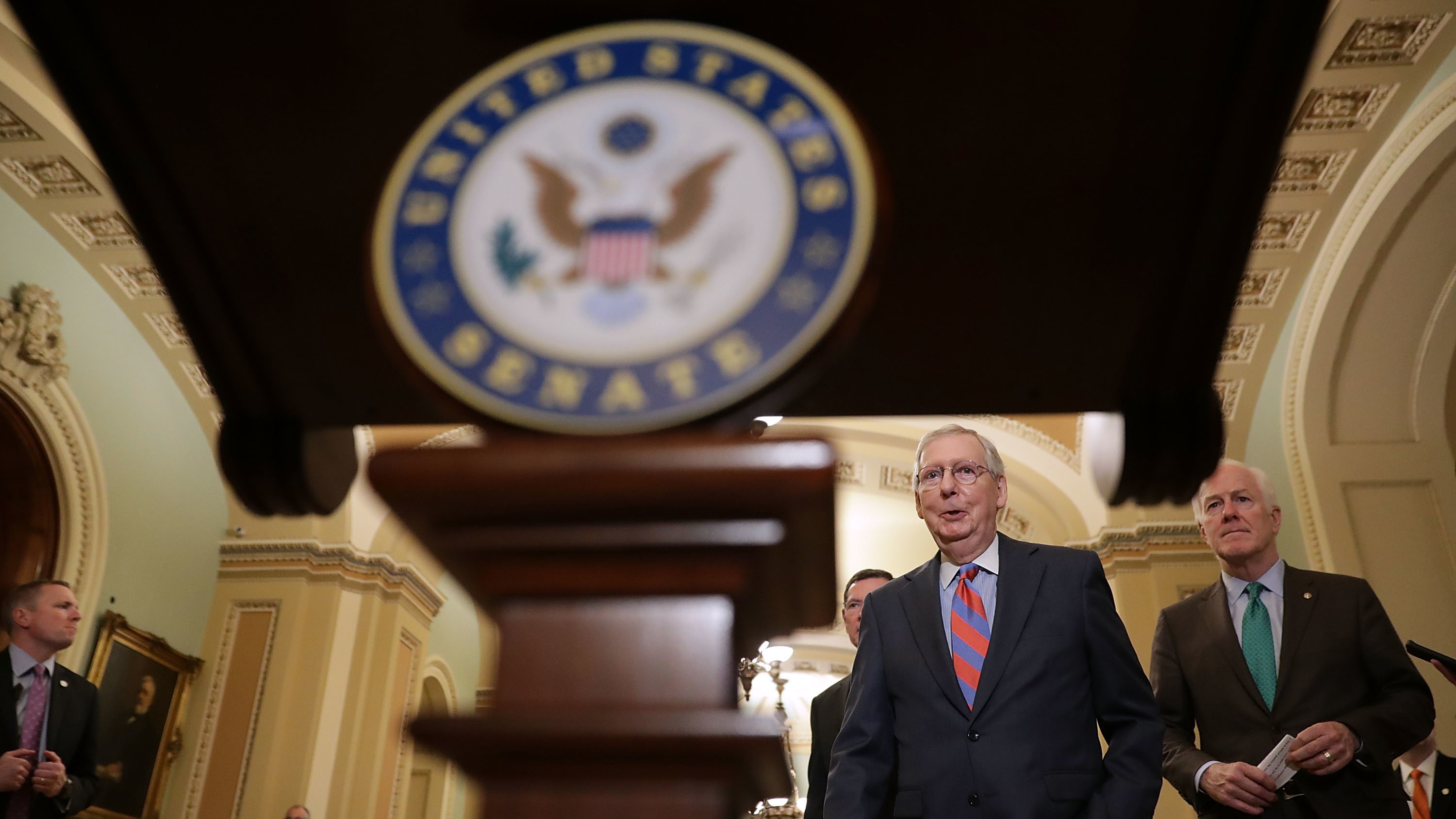 Senate Majority Leader Mitch McConnell, R-Ky., and Senate Majority Whip John Cornyn, R-Texas, (right) prepare to talk to reporters following the weekly Senate Republican policy luncheon at the U.S. Capitol on May 15, 2018. (Getty Images)