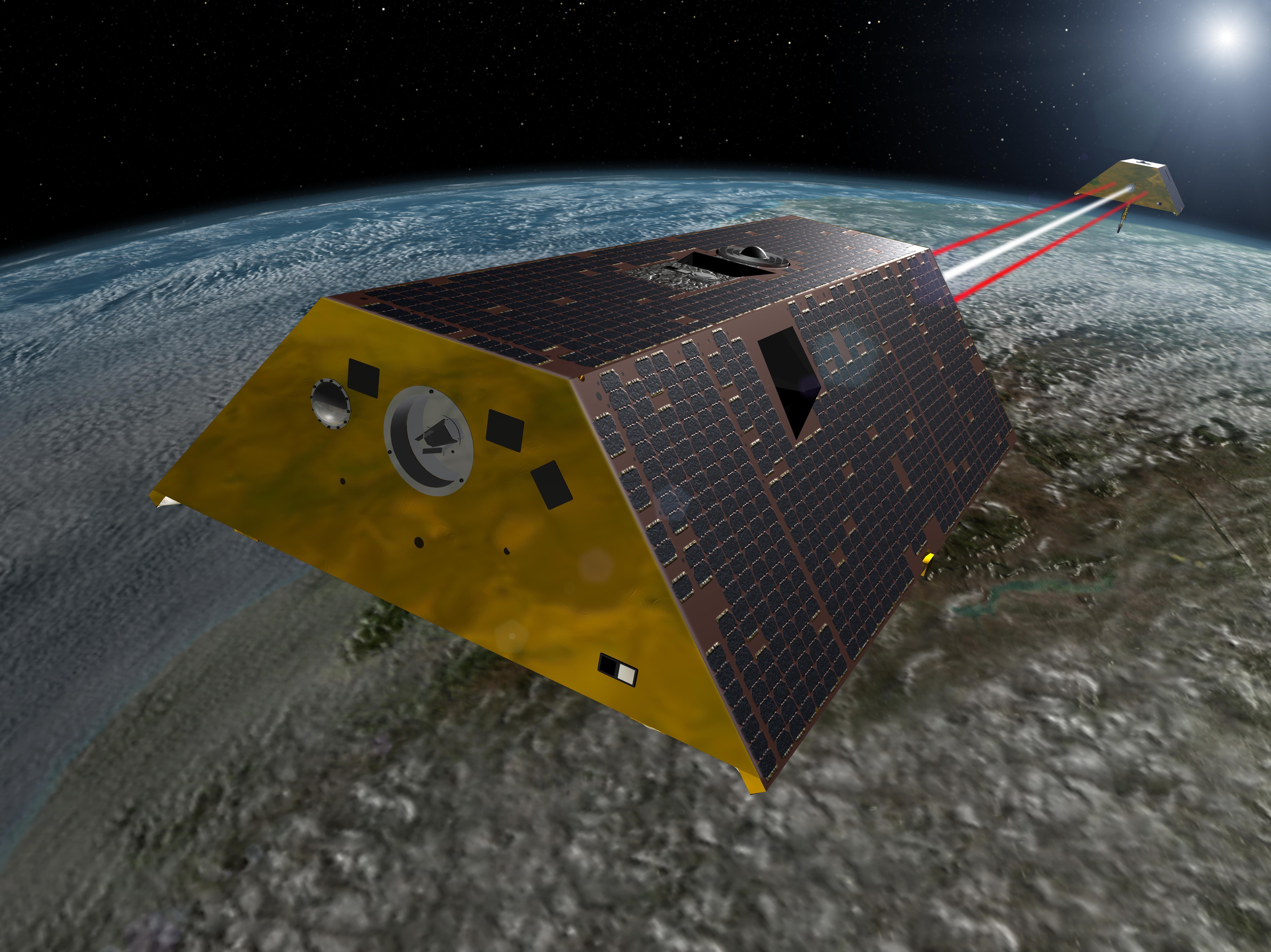 The Gravity Recovery and Climate Experiment Follow-On (GRACE-FO) mission, shown in an artist's rendering, will measure tiny fluctuations in Earth's gravitational field to show how water moves around the planet. (NASA/JPL)