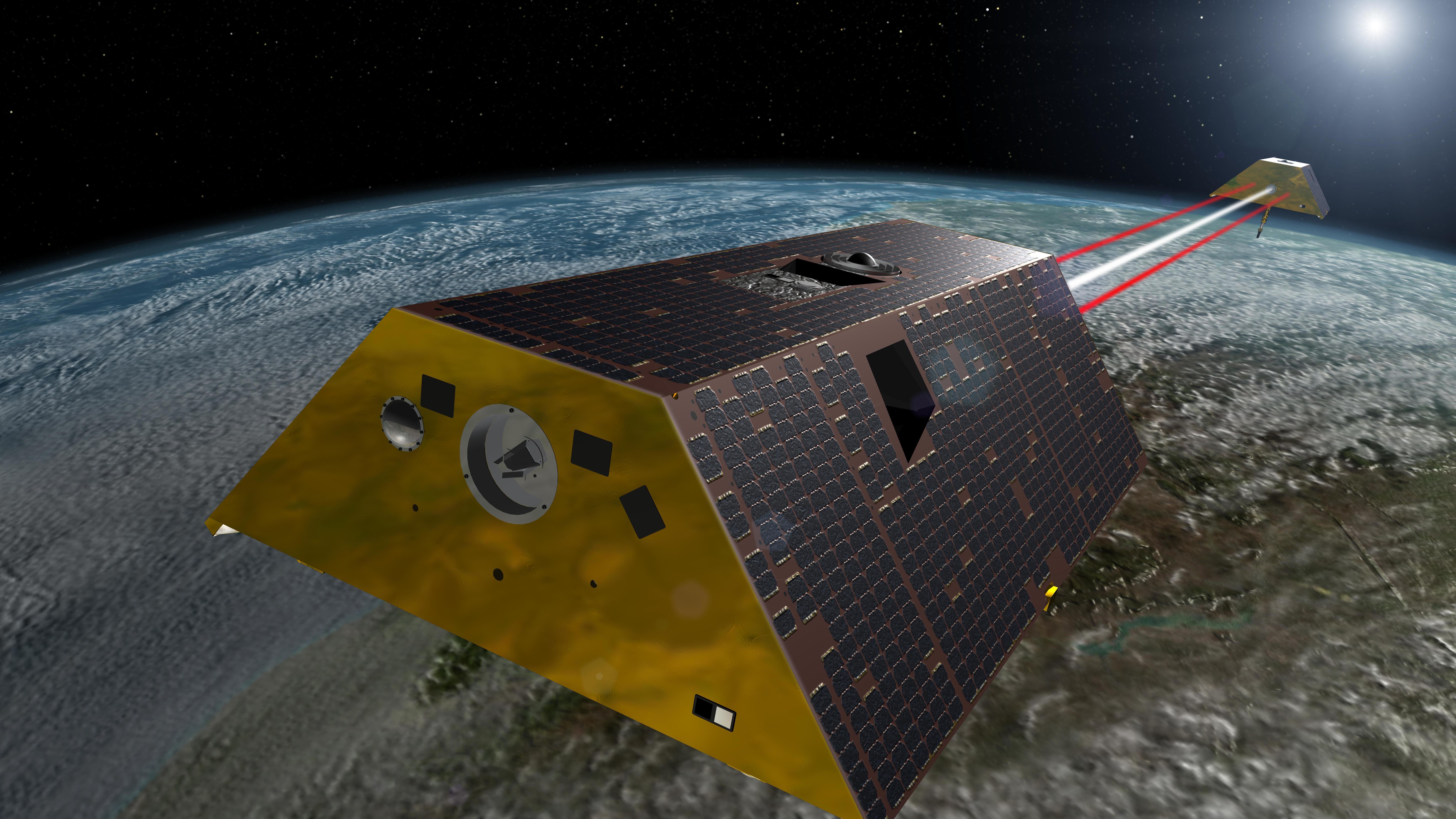 The Gravity Recovery and Climate Experiment Follow-On (GRACE-FO) mission, shown in an artist