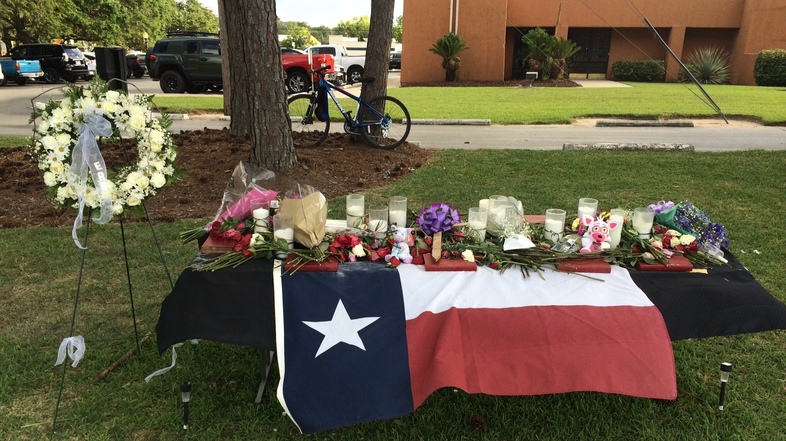 After a gunman killed eight students and two teachers at the high school in Santa Fe, Texas, on Friday, memorials to the victims were created. (Cory Turner/NPR)