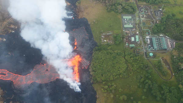 Lava from the Kilauea volcano approaches the Puna Geothermal Venture plant on Hawaii
