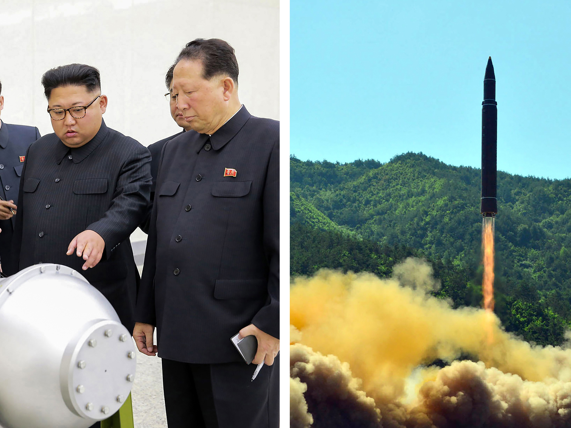 North Korean leader Kim Jong Un, left, inspects what the North claims is a thermonuclear warhead. At right is a test of a North Korean ballistic missile. (STR/Getty Images)