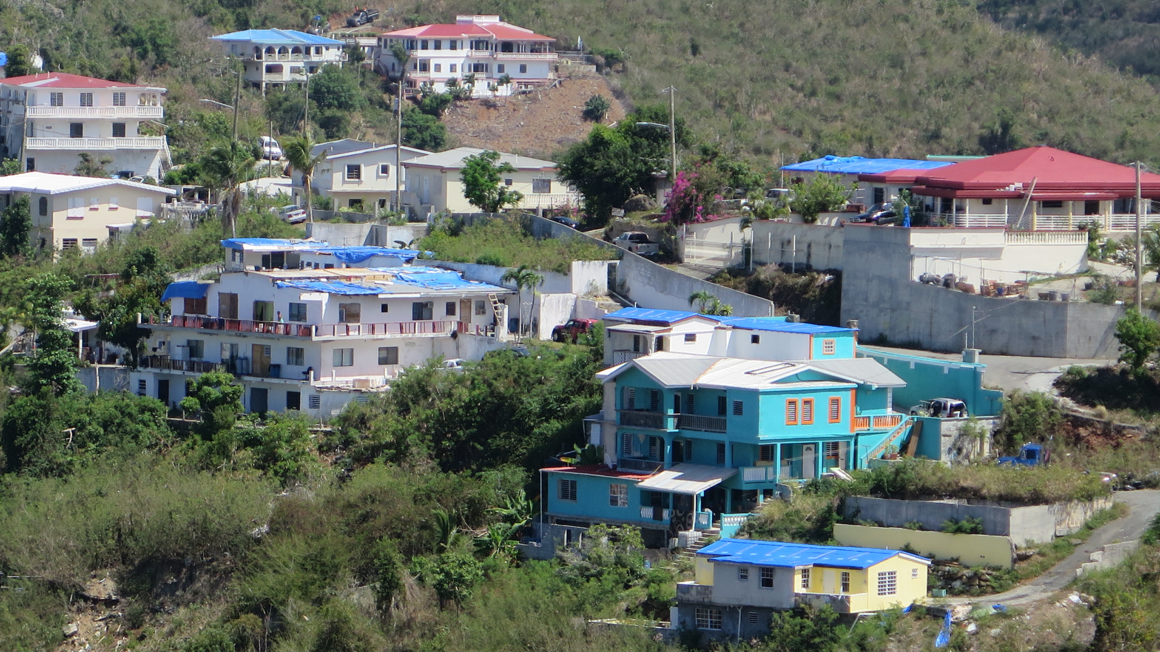 People are living in homes where roofs, windows, even walls are missing, using blue tarps to keep the elements at bay. (NPR)