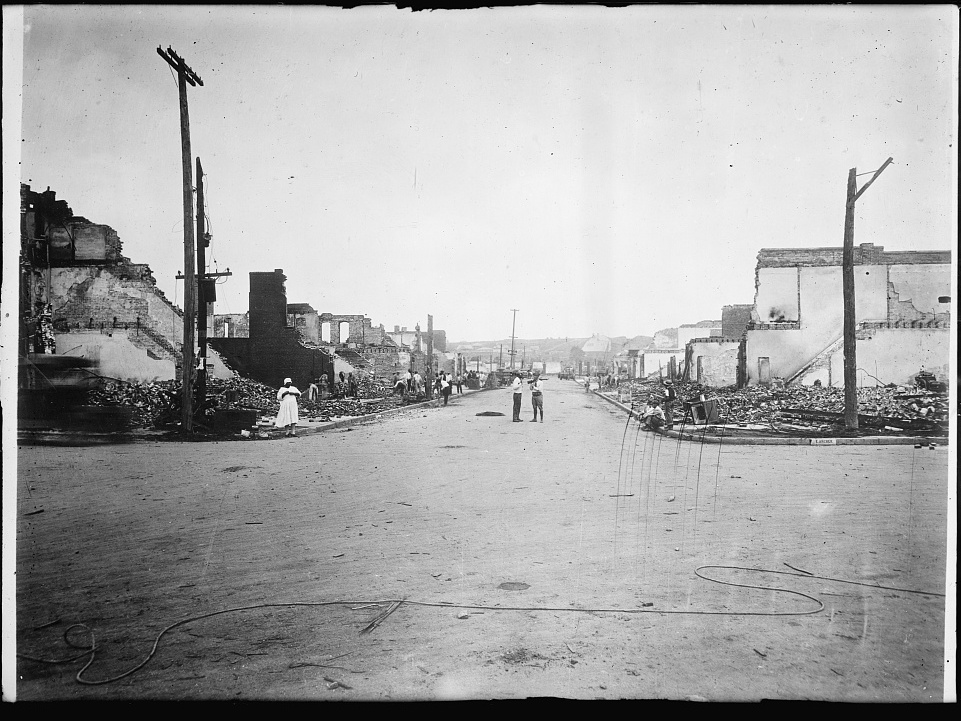Over the course of 18 hours, white mobs destroyed more than 1,000 homes and businesses during the Tulsa Race Riot. They set fire to schools, churches, libraries, and movie theaters, leveling entire city blocks. (Library of Congress, Prints & Photographs Division, American National Red Cross Collection)