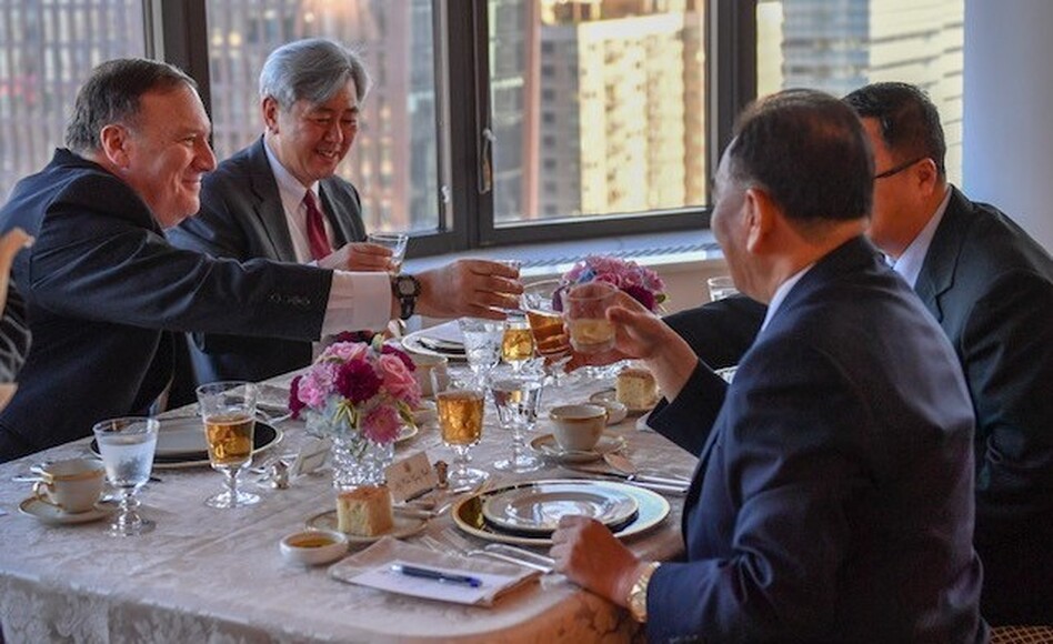 Secretary of State Mike Pompeo, the former CIA director, and CIA official Andrew Kim, the pair on the left, have dinner with North Korea's Kim Yong Chol, a former intelligence chief, in New York on Wednesday. Current and former spy chiefs are playing an unusually prominent role in arranging a proposed summit between President Trump and North Korean leader Kim Jong Un. (U.S. State Department)