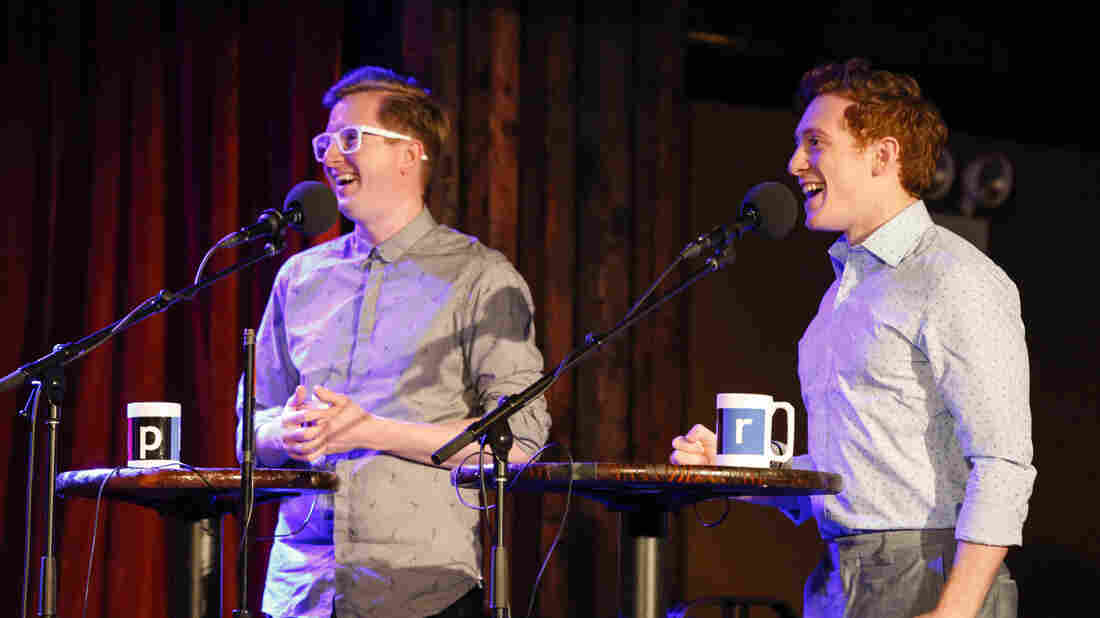Kyle Jarrow and Ethan Slater appear on Ask Me Another at the Bell House in Brooklyn, New York.