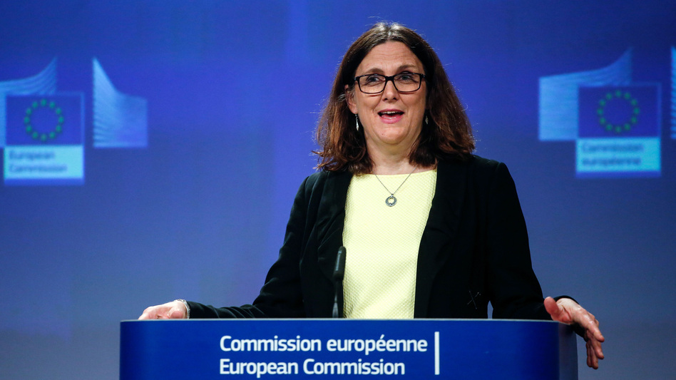 The EU will take its complaint over new U.S. tariffs to the World Trade Organization, according to Cecilia Malmström, the European commissioner for trade. Malmström spoke at a news conference Friday in Brussels. (Dario Pignatelli/Bloomberg via Getty Images)