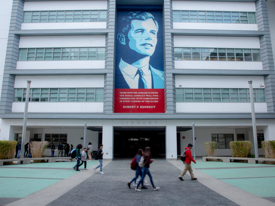 One of several murals of Robert Kennedy is displayed at the Robert F. Kennedy Community Schools in Los Angeles. (Kyle Grillot for NPR)