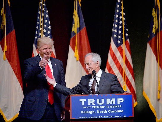 Then-presidential nominee Donald Trump stands next to Sen. Bob Corker, R-Tenn., during a campaign event at the Duke Energy Center for the Performing Arts in July 2016 in Raleigh, N.C. (Getty Images)
