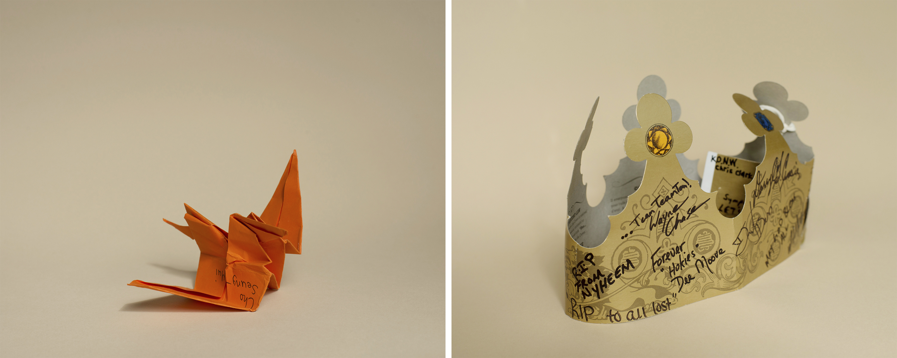 An origami crane and a paper crown from the Virginia Tech April 16, 2007, Archives of the University Libraries, at Virginia Tech in Blacksburg, Va. (Andres Gonzalez)