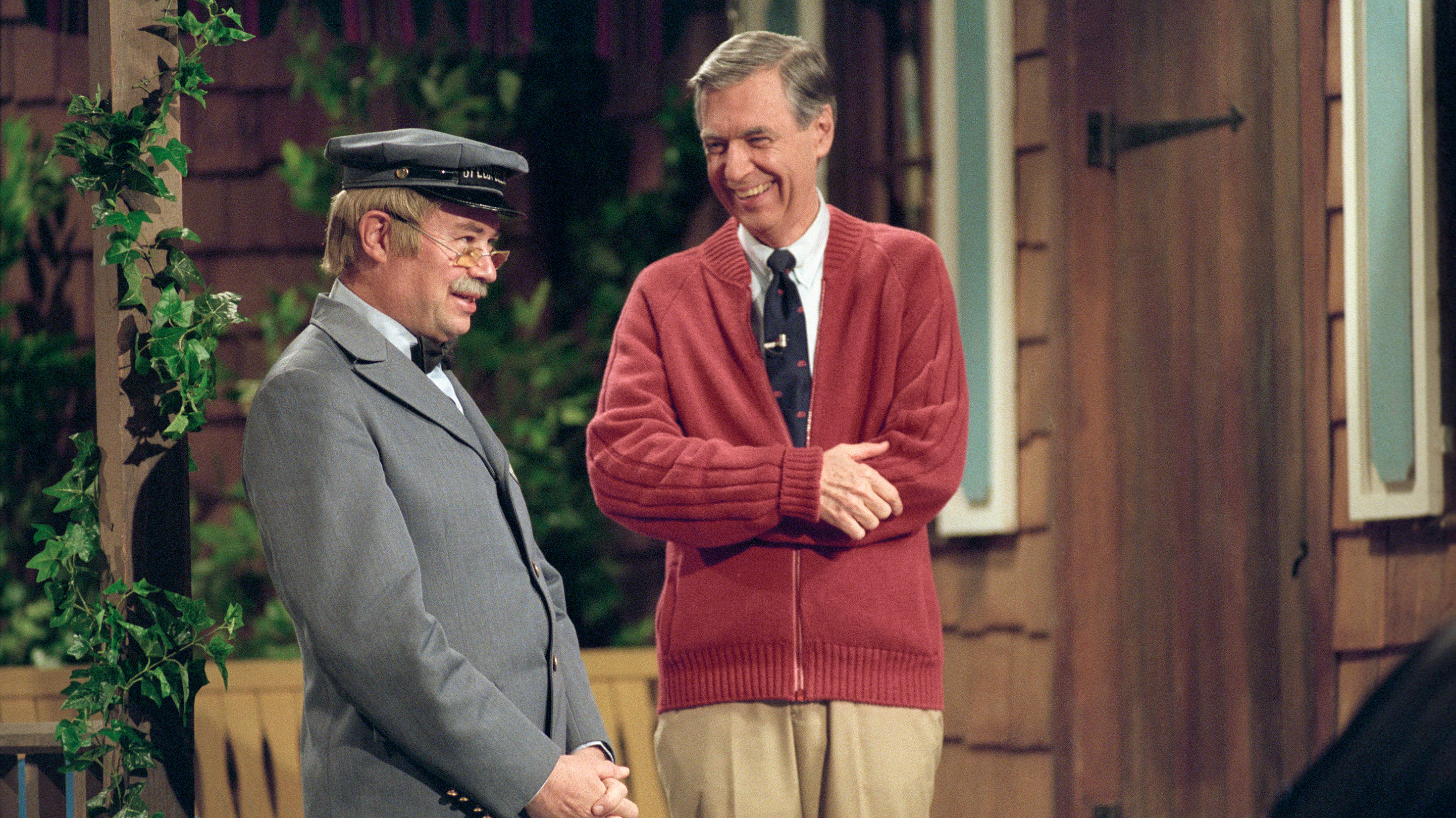 Mr. McFeely (David Newell) and Fred Rogers on set, in the documentary <em>Won't You Be My Neighbor?</em> (Focus Features)