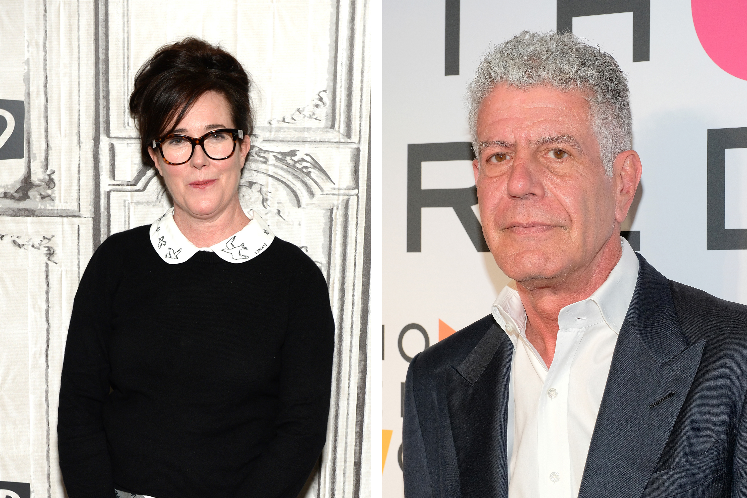 Designer Kate Spade is pictured in April 2017 in New York City. Anthony Bourdain is pictured in April 2018 in New York City. Both died in the same week. (Getty Images)