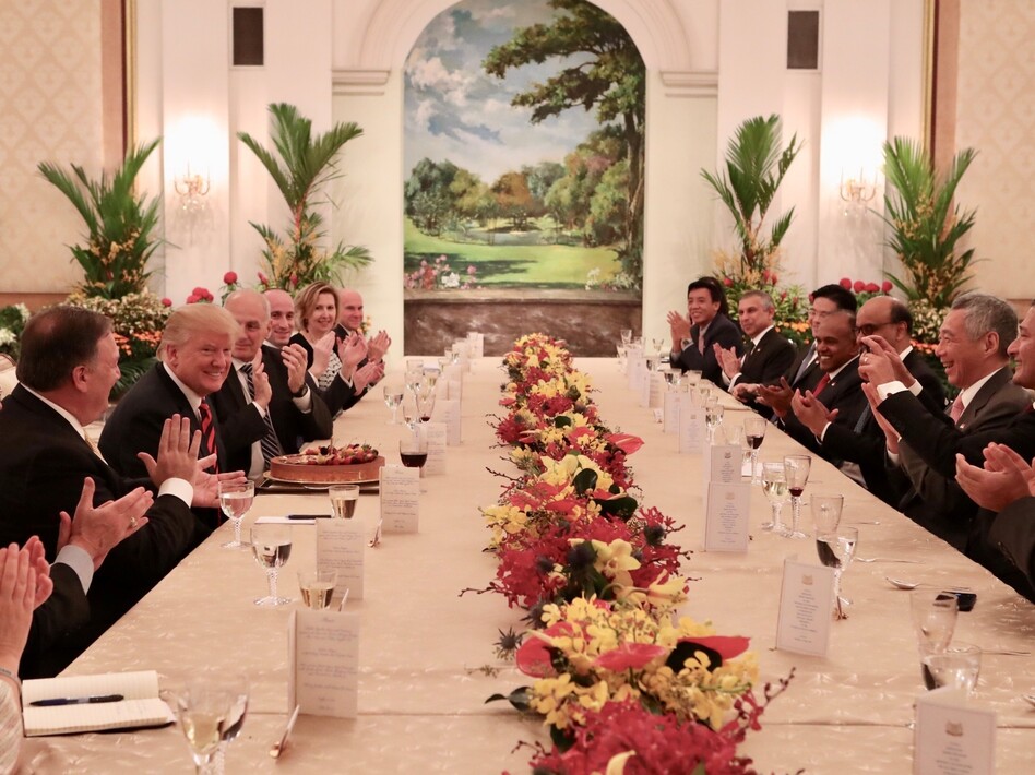 President Trump participates in a working luncheon hosted by Singapore's Prime Minister Lee Hsien Loong in Singapore on Monday. Officials from both delegations also attended the luncheon. (Photo by Ministry of Communications and Information, Republic of Singapore / Handout/Anadolu Agency/Getty Images)