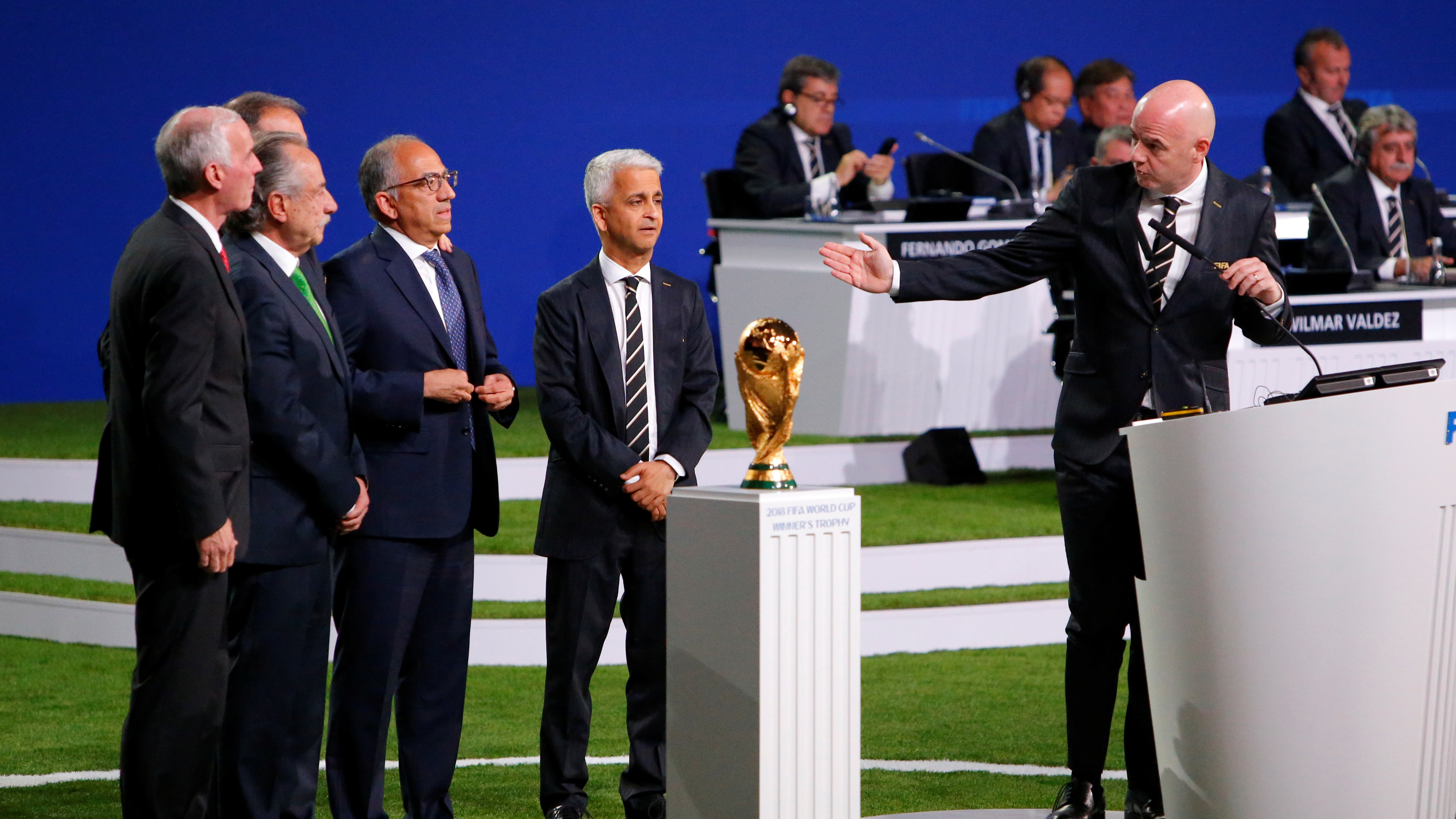 FIFA President Gianni Infantino, right, welcomes representatives of the united bid — from the U.S., Canada, and Mexico — as soccer's governing body selects its host for the 2026 FIFA World Cup during the 68th FIFA Congress in Moscow, Russia. (Reuters)