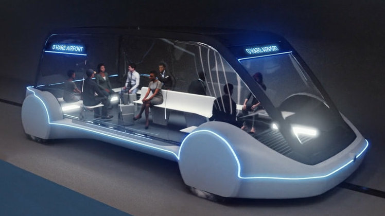 An artist's rendering shows the design of an &quot;electric skate&quot; vehicle that the Boring Company says could travel up to 150 mph and whisk passengers to and from Chicago's O'Hare Airport in minutes. (The Boring Company)