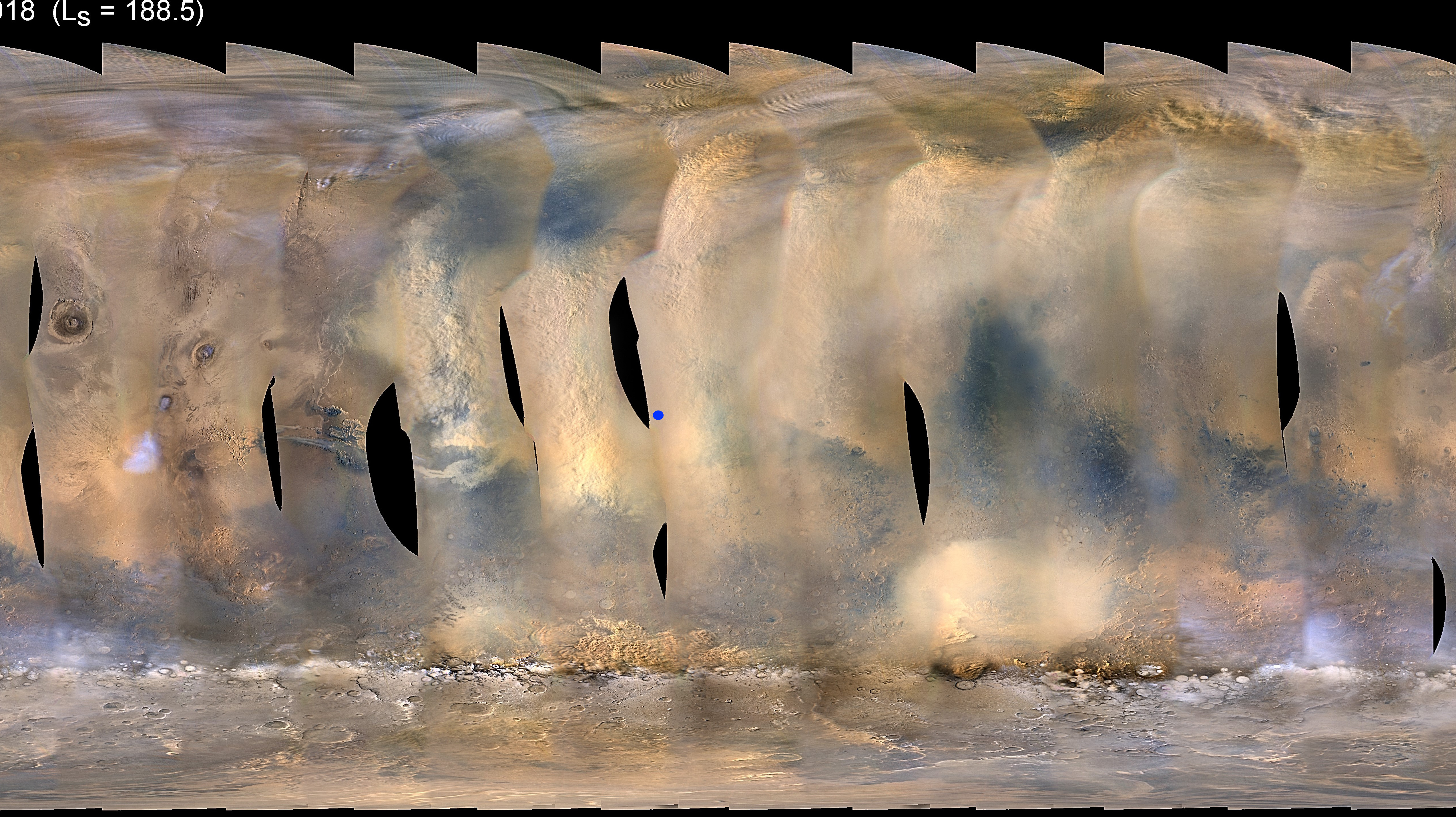 Global map of Mars showing a growing dust storm as of June 6, 2018. The map was produced by the Mars Color Imager (MARCI) camera on NASA