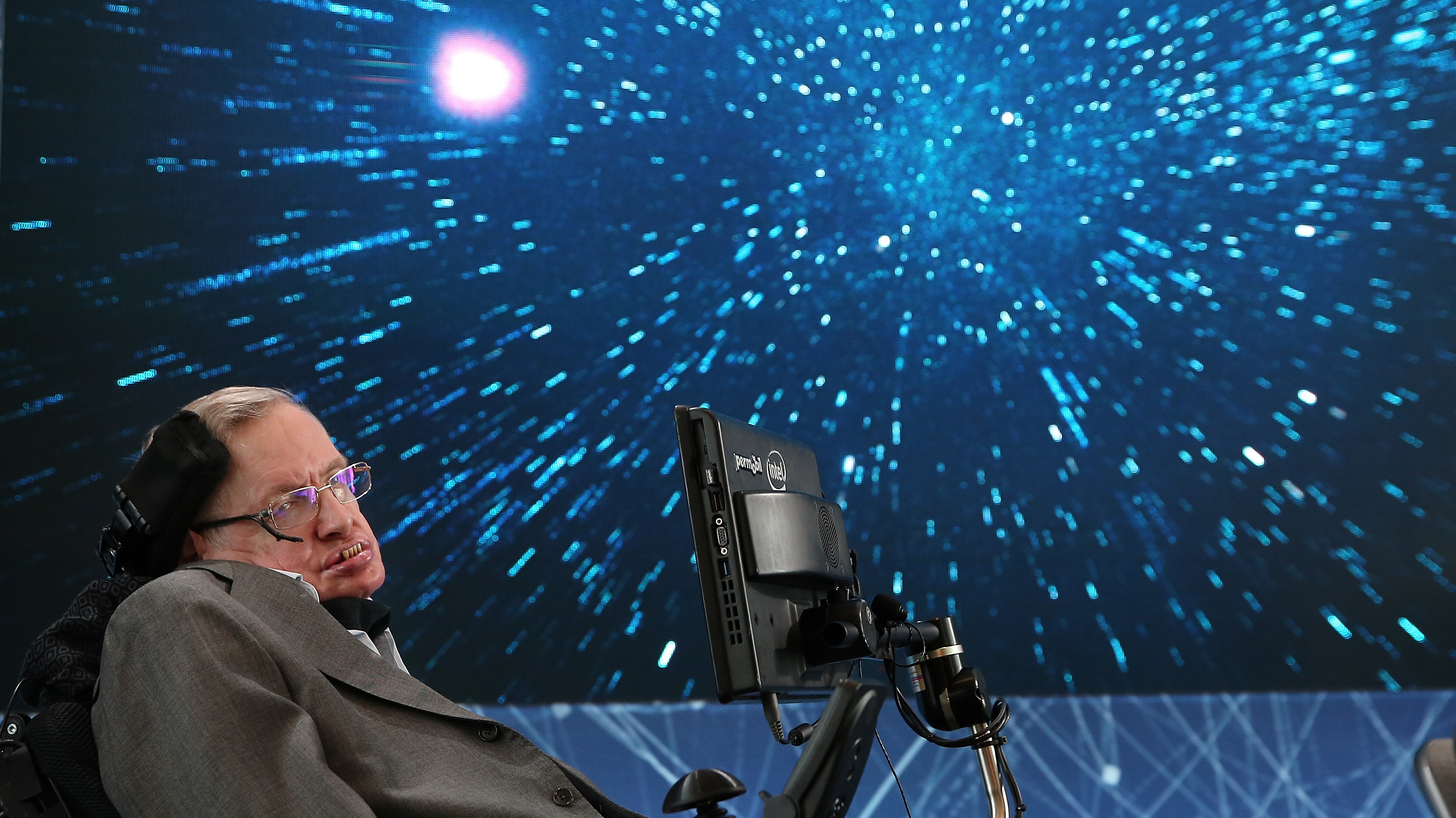 Professor Stephen Hawking sits onstage during the &quot;Breakthrough Starshot&quot; announcement at One World Observatory on April 12, 2016 in New York City. (Getty Images)