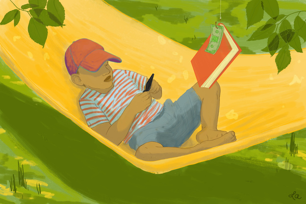 Young boy in hammock playing video game while a book with a dollar attached hangs in front of him.