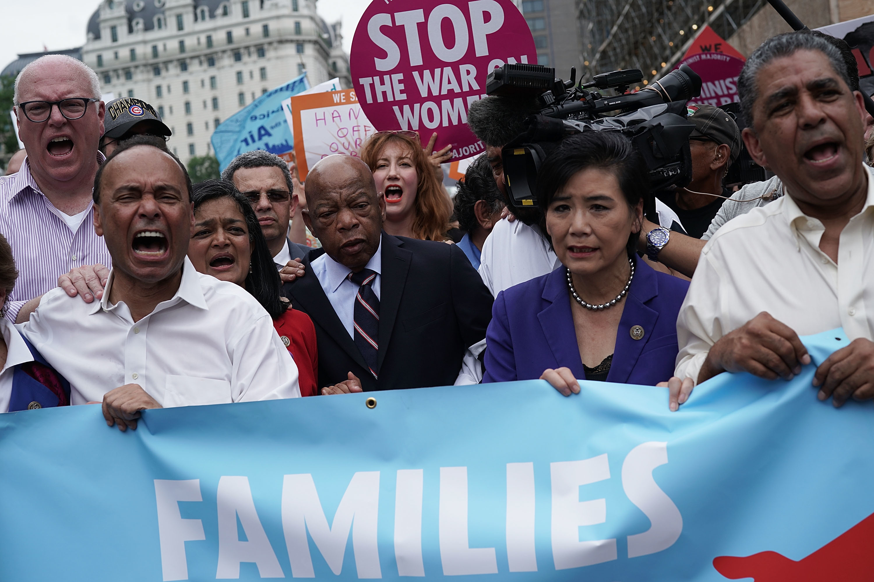 Democratic members of Congress protest the Trump family separate policy. From left to right: Reps. Joseph Crowley, Luis Gutierrez, Pramila Jayapal, John Lewis and Judy Chu. (Getty Images)