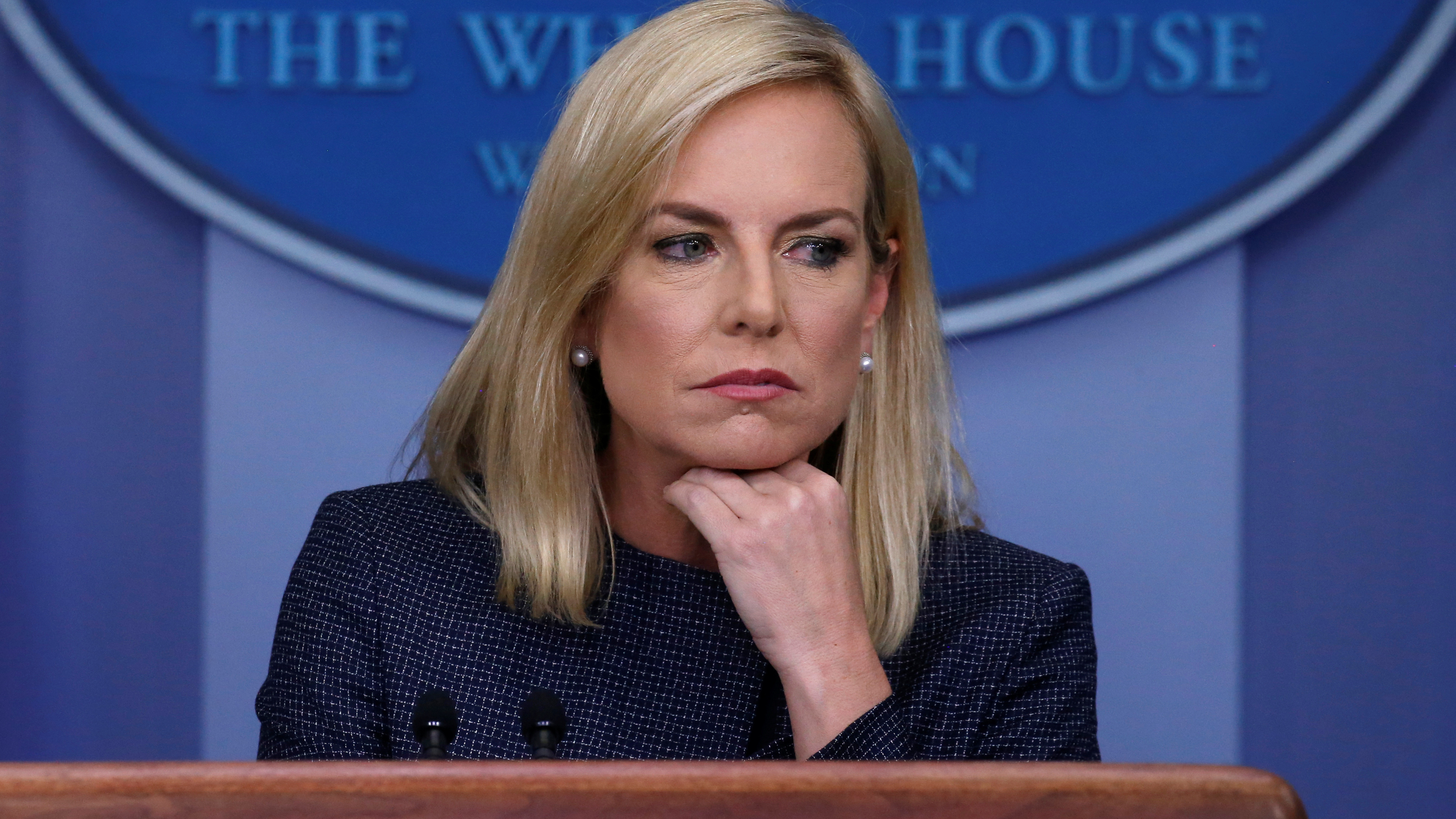 Homeland Security Secretary Kirstjen Nielsen, the face of the Trump administration's policy that has split up migrant families, was heckled inside a Mexican restaurant. She's seen here at Monday's daily briefing at the White House. (Reuters)