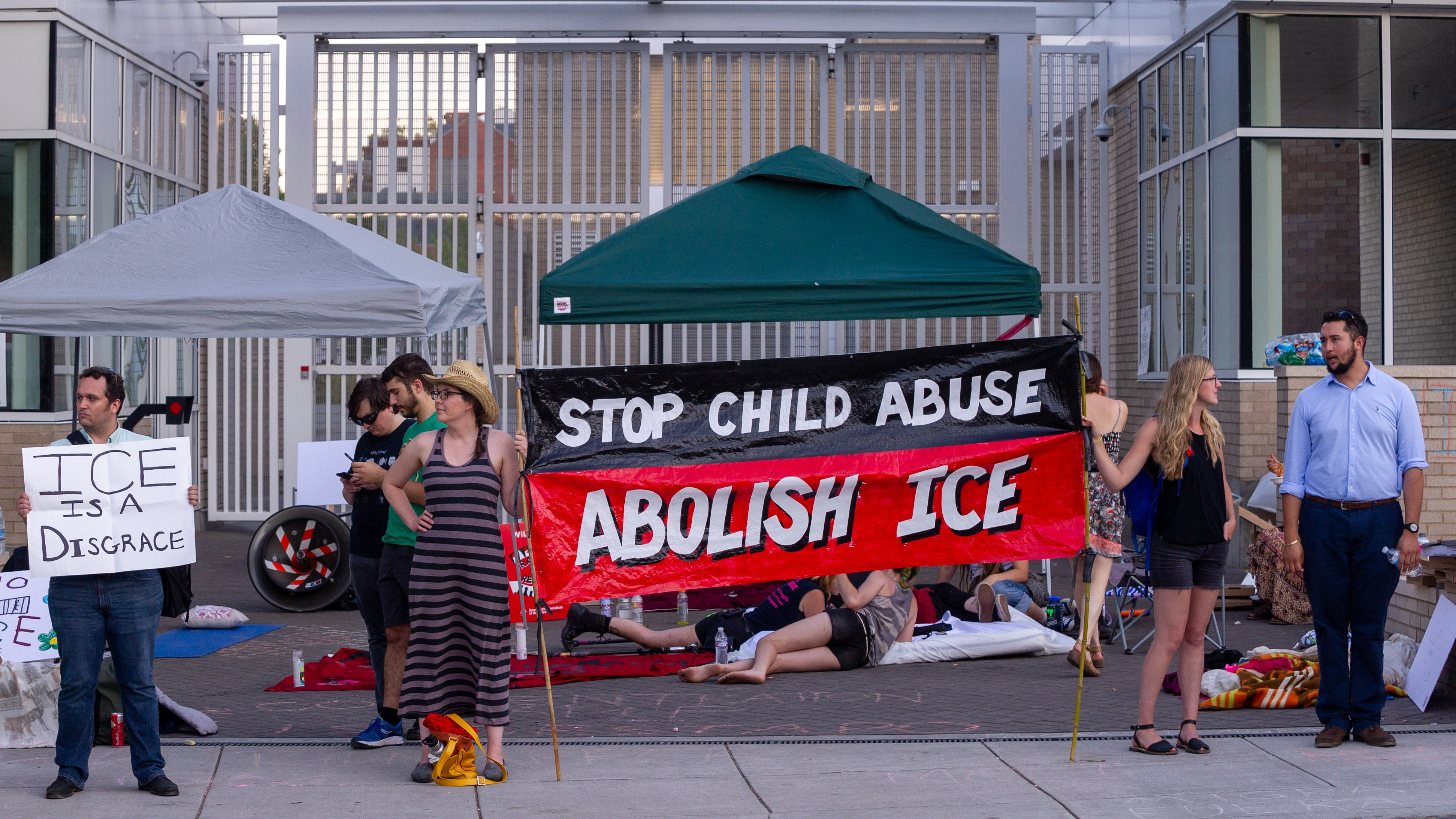 Demonstrators protest U.S. Immigration and Customs Enforcement on Tuesday, just outside the agency's regional office in Portland, Ore. (Icon Sportswire via Getty Images)
