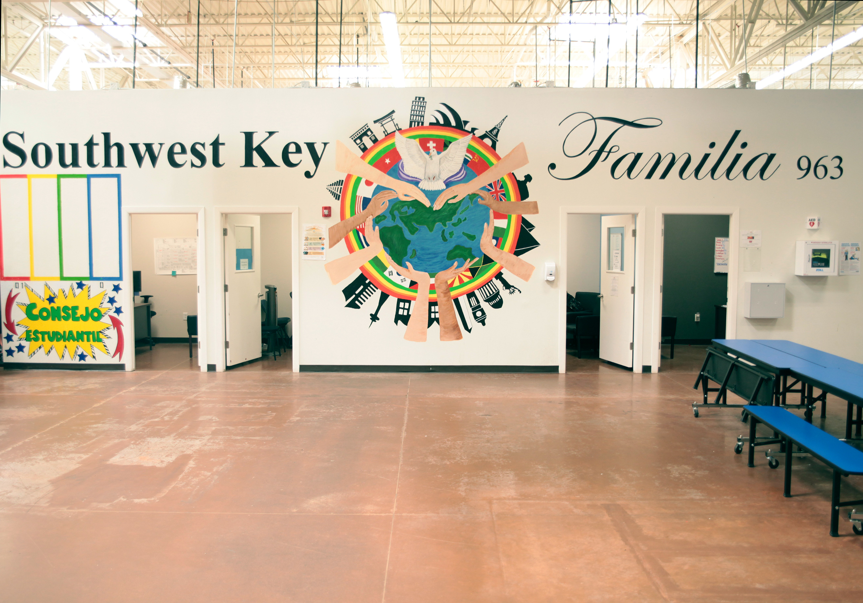 A Southwest Key child immigrant shelter in Brownsville, Texas, was shown to journalists on a tour earlier this month. This photo of the facility was released by government officials. (Department of Health and Human Services)