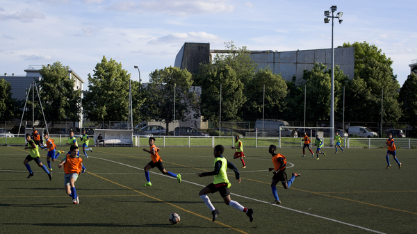 Young soccer players practice at the Sarcelles A.A.S. complex in Sarcelles, France.