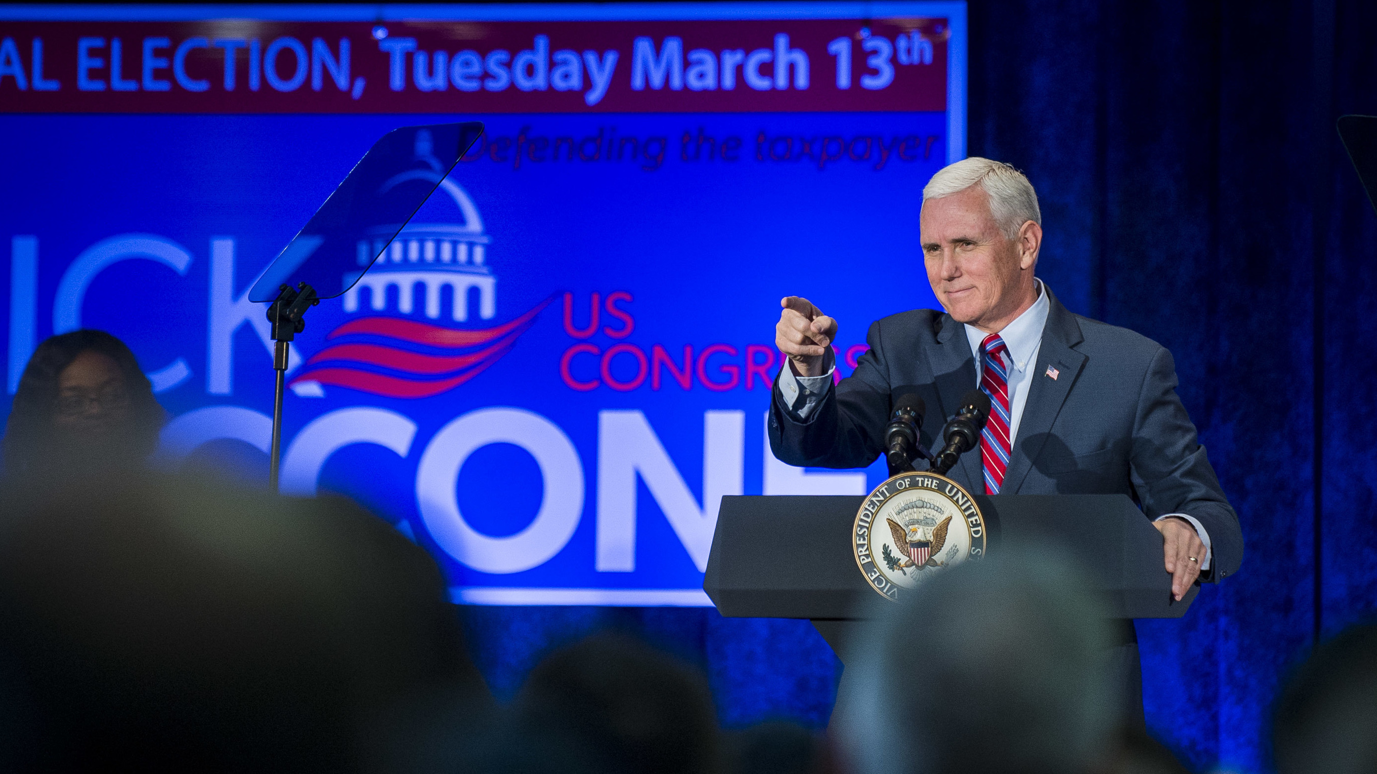 Vice President Pence speaks during a campaign event for Pennsylvania congressional candidate Rick Saccone in February. Pence is playing a big role in Republicans' midterm election campaign. (Getty Images)
