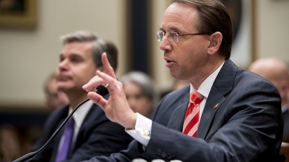 Deputy Attorney General Rod Rosenstein told lawmakers Thursday that he objected to personal attacks about purported Justice Department stonewalling on the Russia investigation. With him is FBI Director Christopher Wray. (Andrew Harnik/AP)