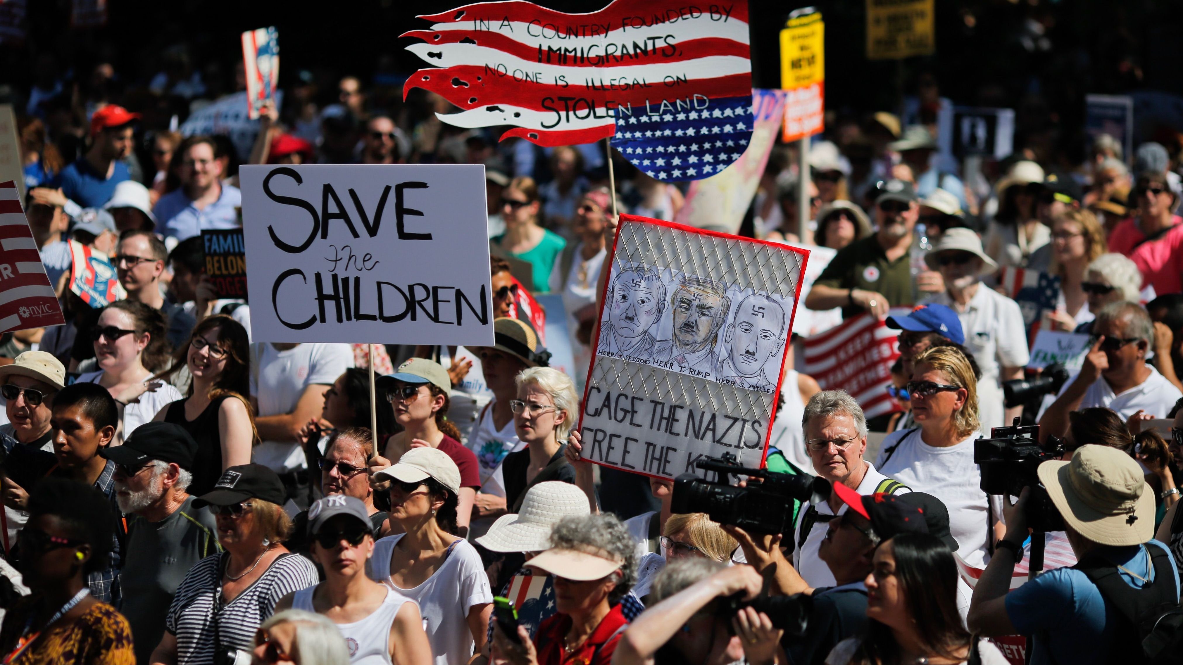 Demonstrators march against the separation of immigrant families, on June 30, 2018 in New York.