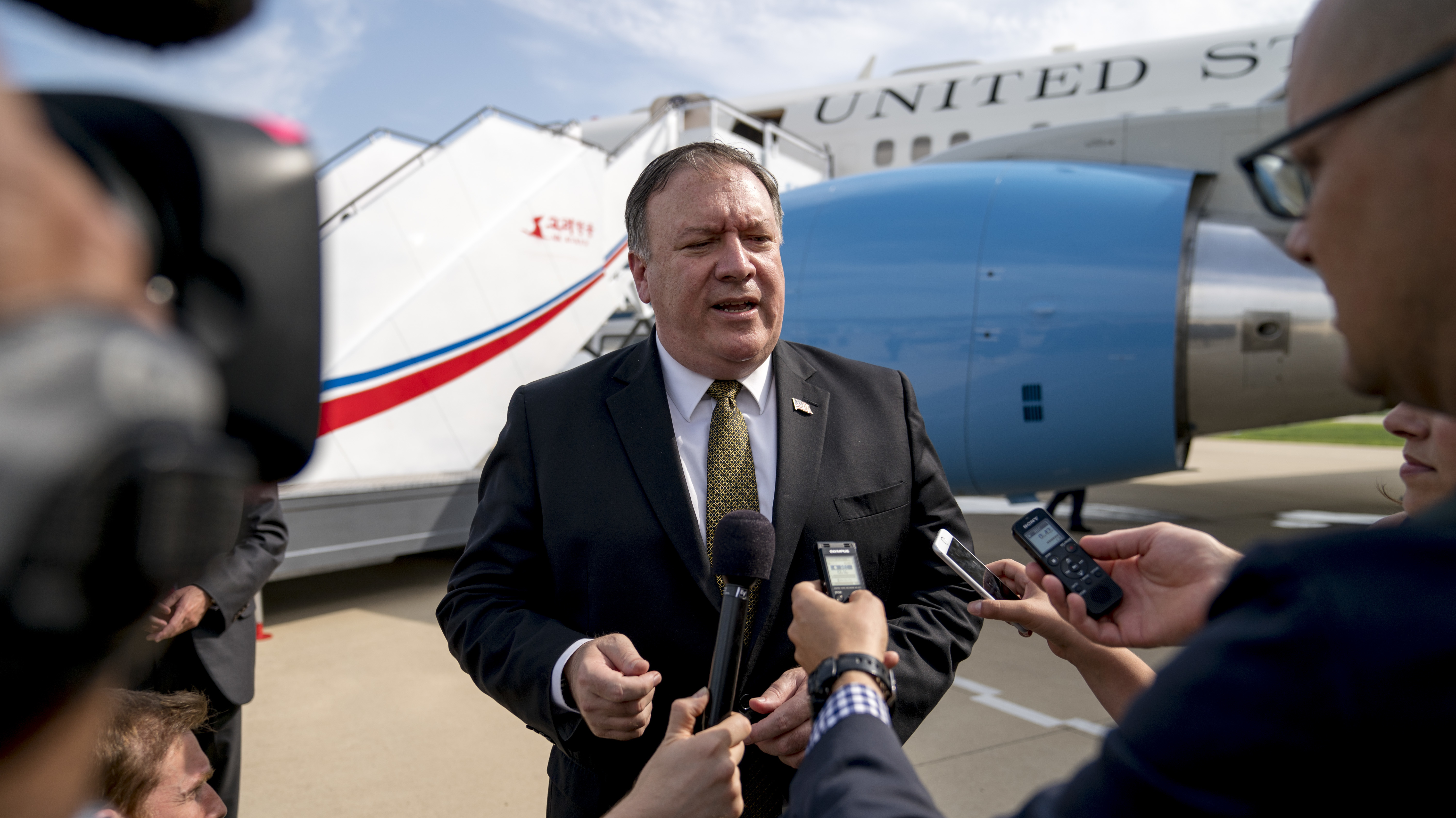 U.S. Secretary of State Mike Pompeo speaks to reporters following two days of meetings with a North Korean senior ruling party official, before departing Pyongyang, North Korea, on Saturday. Pompeo did not meet with North Korean leader Kim Jong Un.