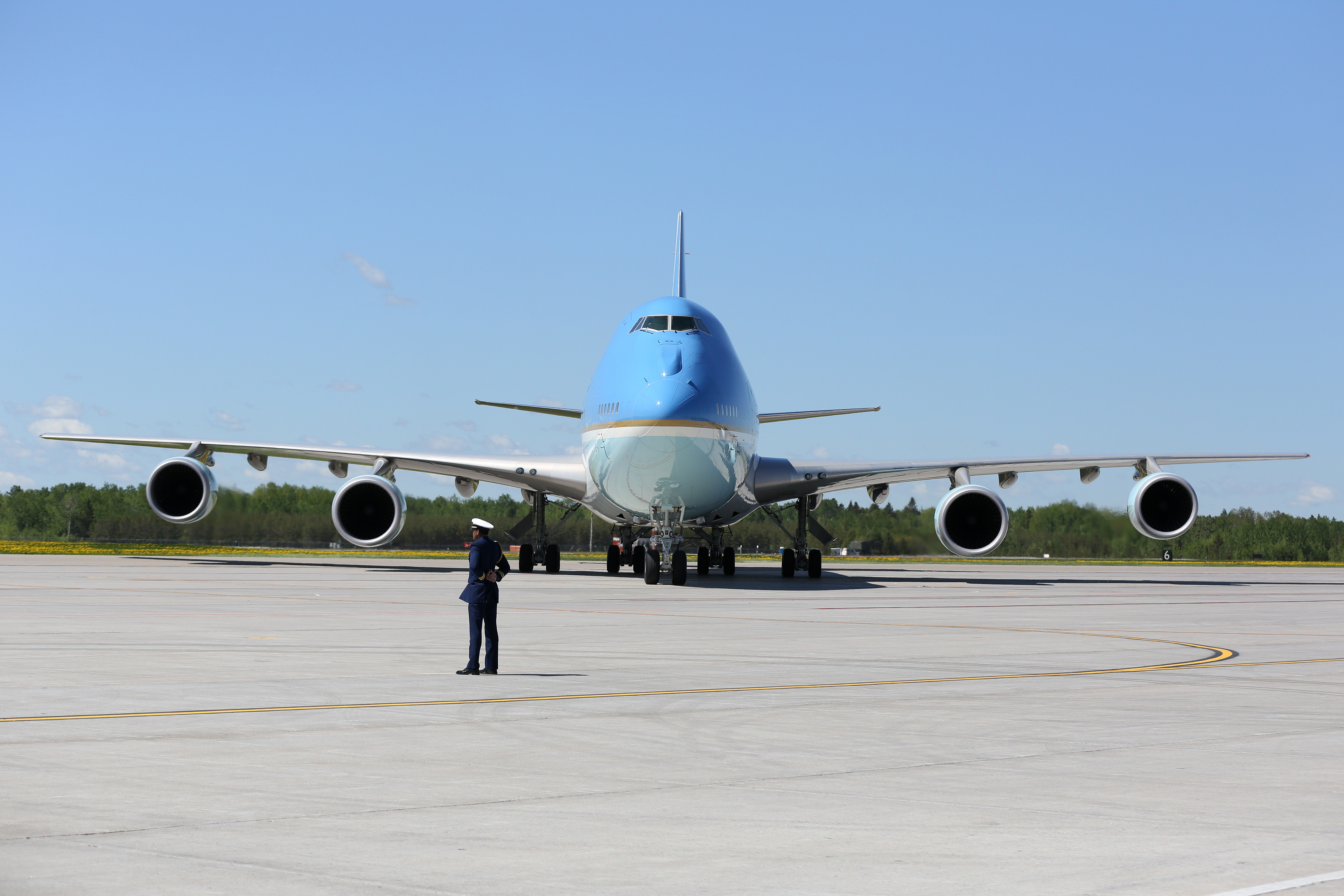 Air Force One waits after landing in Bagotville, Canada, in June. At the G-7 meeting there, President Trump threw traditional U.S. allies into disarray over his trade and security policies. (AFP/Getty Images)