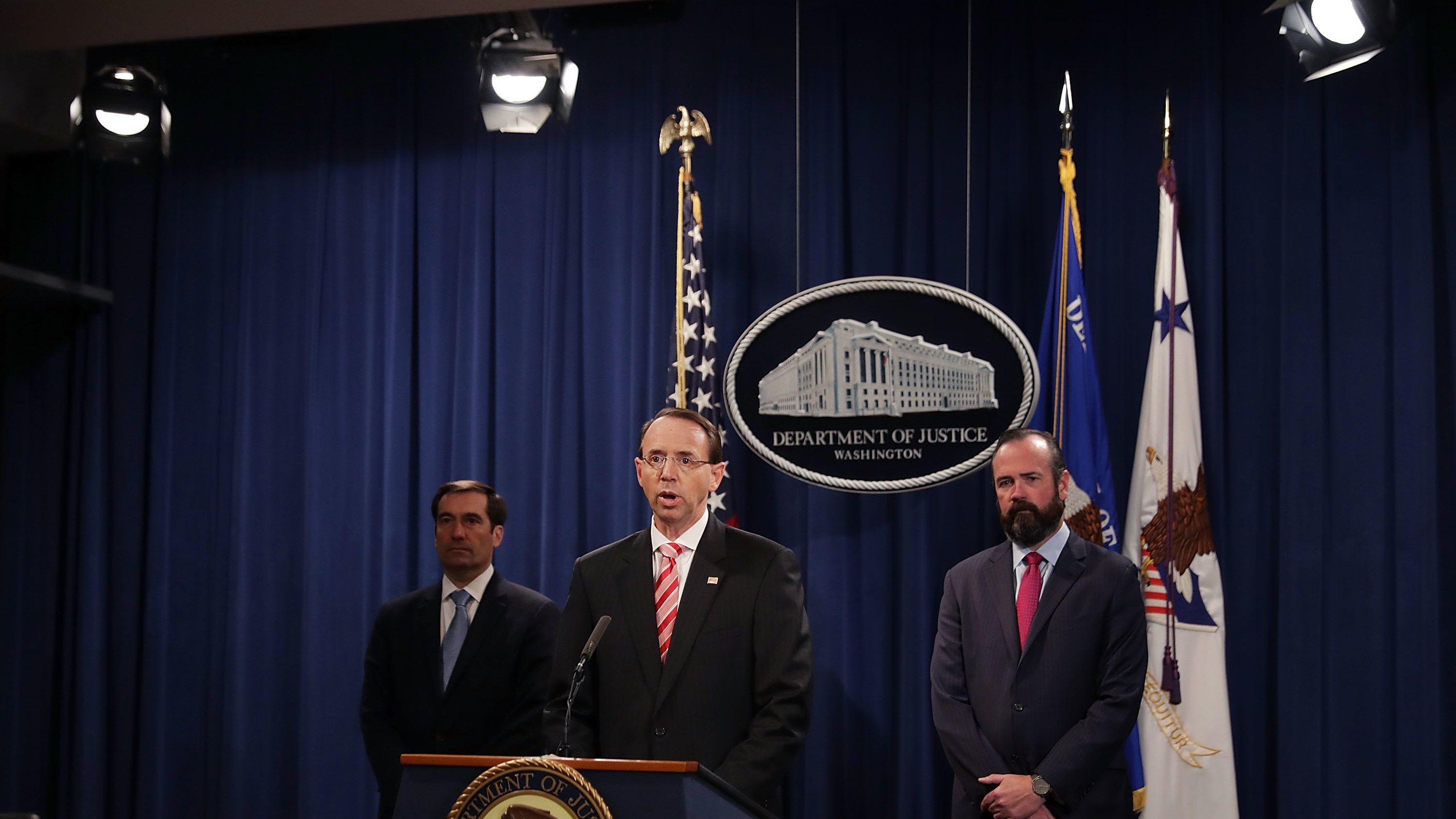 Deputy Attorney General Rod Rosenstein announces indictments against 12 Russian intelligence agents for computer hacking, at a news conference at the Department of Justice on Friday. (Getty Images)