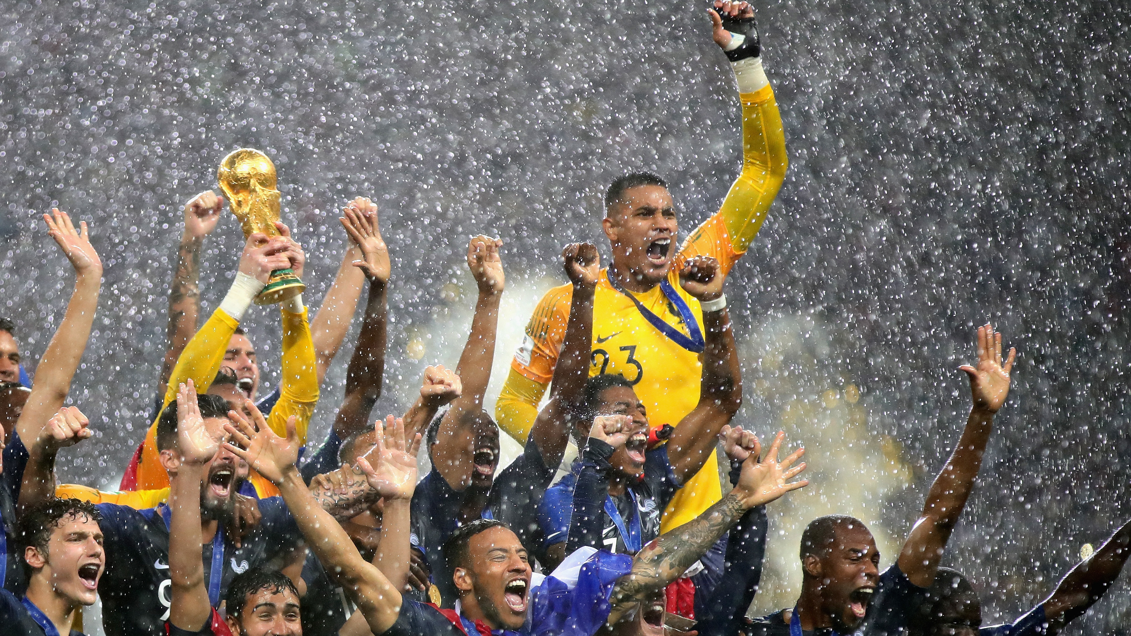 France players lift the World Cup trophy after their victory in the 2018 FIFA World Cup Final between France and Croatia in Moscow on Sunday.